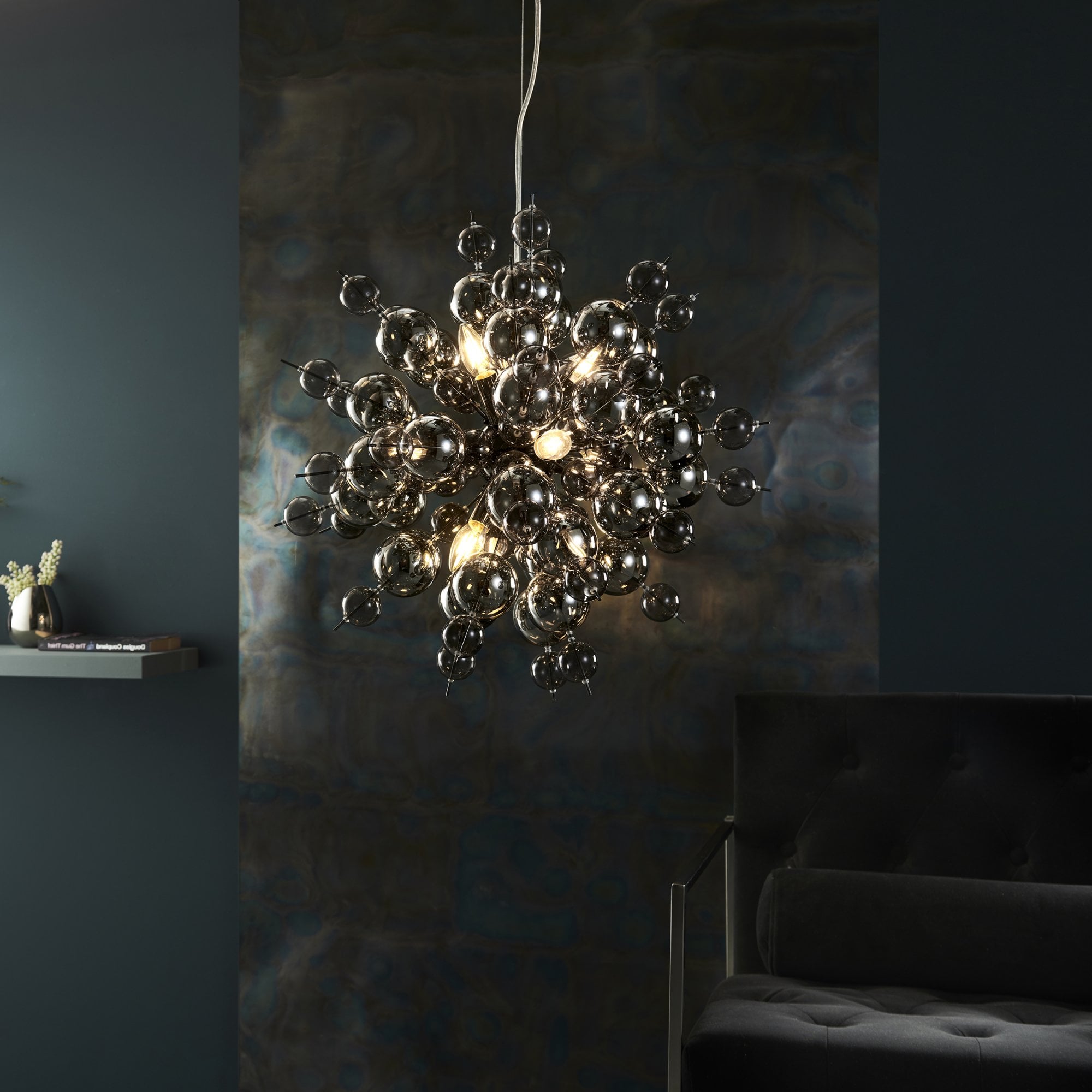 Endon Bubble 9 Light Pendant Chandelier - Black Chrome With Smoked Mirror And Tinted Glass - 63cm Diameter