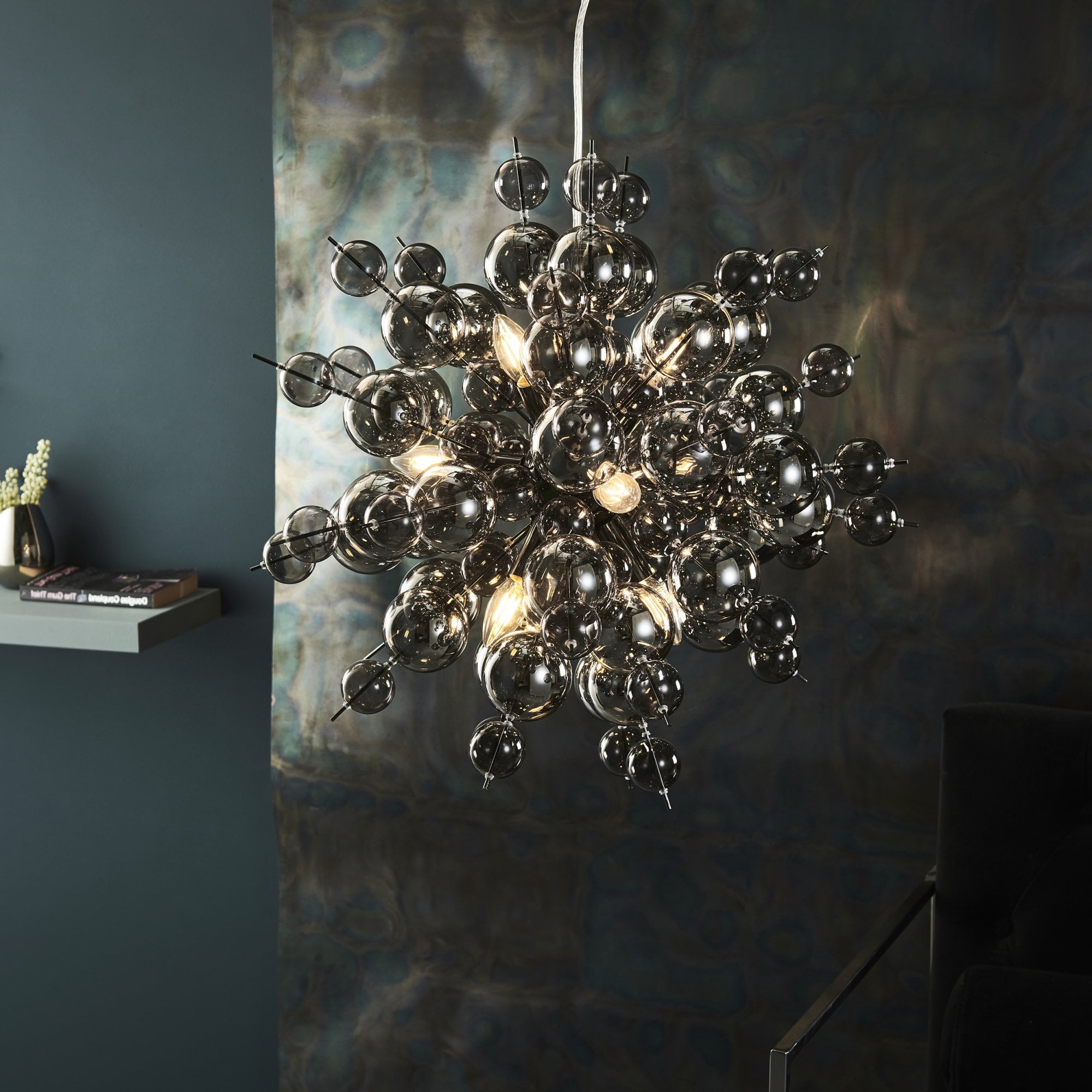 Endon Bubble 9 Light Pendant Chandelier - Black Chrome With Smoked Mirror And Tinted Glass - 63cm Diameter
