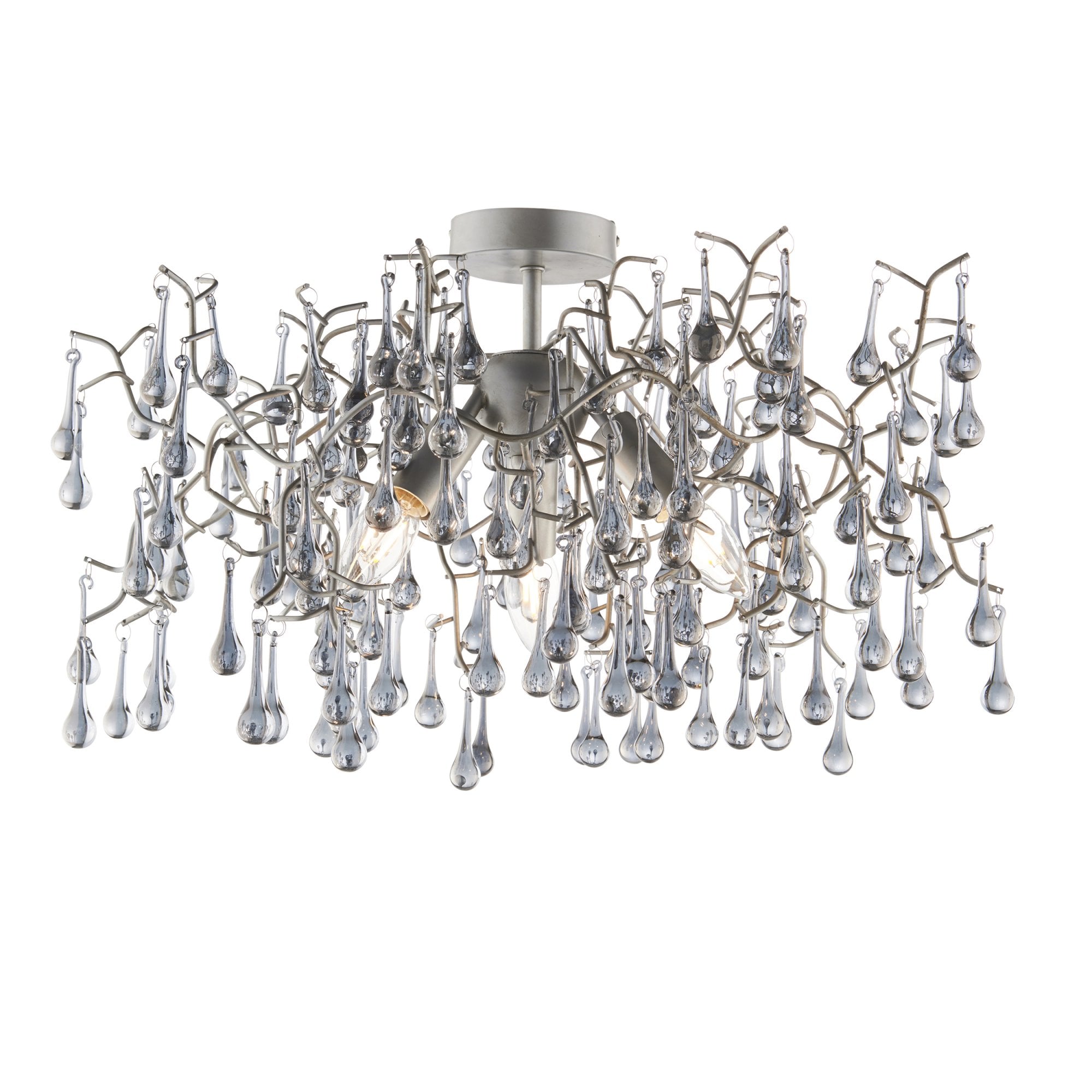 Utopia Drip 3 Light Semi Flush Fitting - Aged Silver With Smoked Grey Tinted Glass - 55cm Diameter
