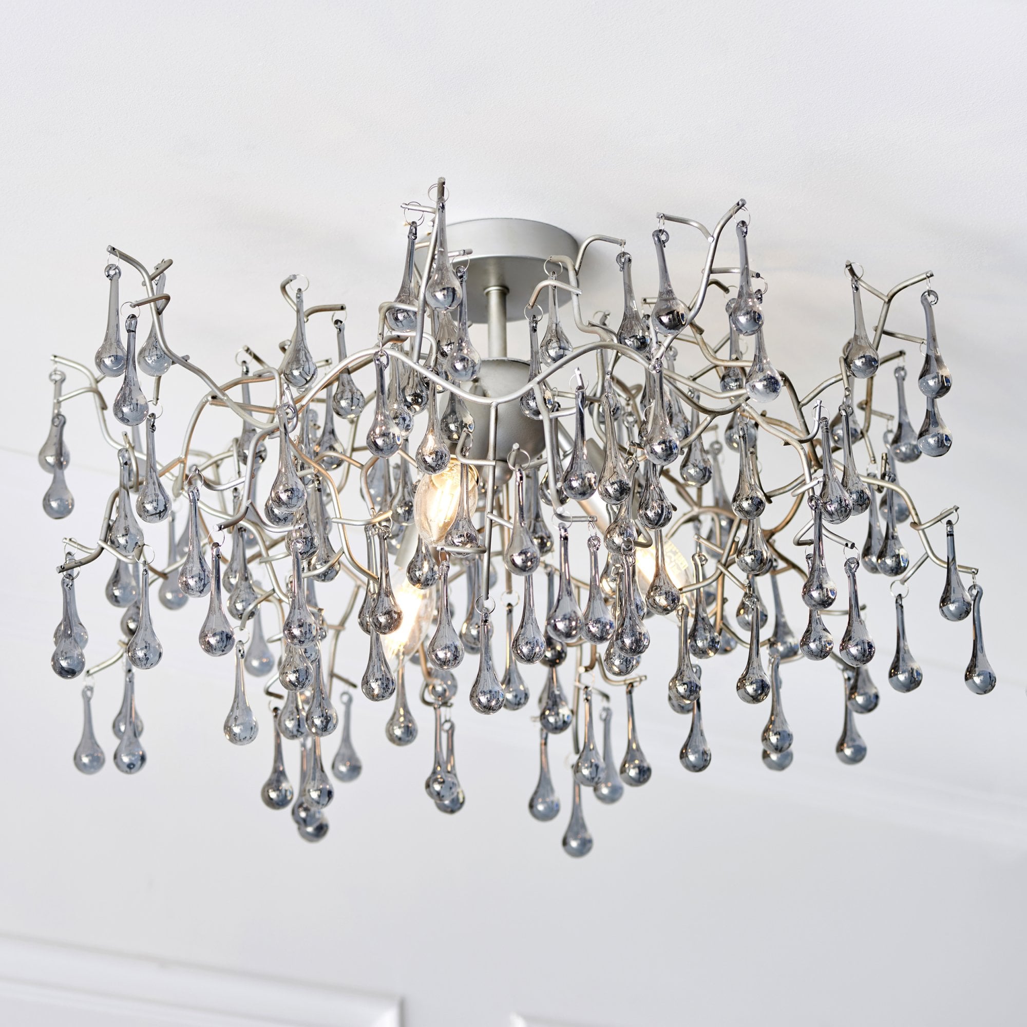 Utopia Drip 3 Light Semi Flush Fitting - Aged Silver With Smoked Grey Tinted Glass - 55cm Diameter