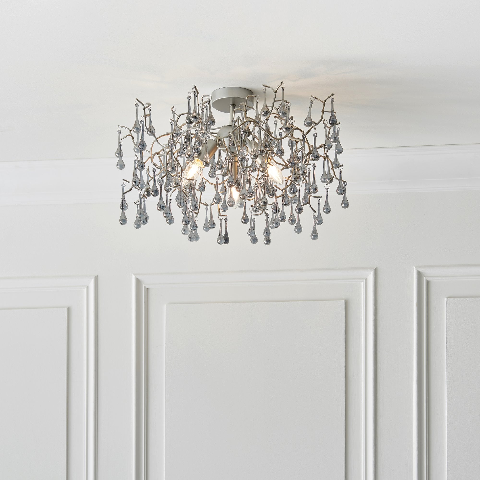 Utopia Drip 3 Light Semi Flush Fitting - Aged Silver With Smoked Grey Tinted Glass - 55cm Diameter