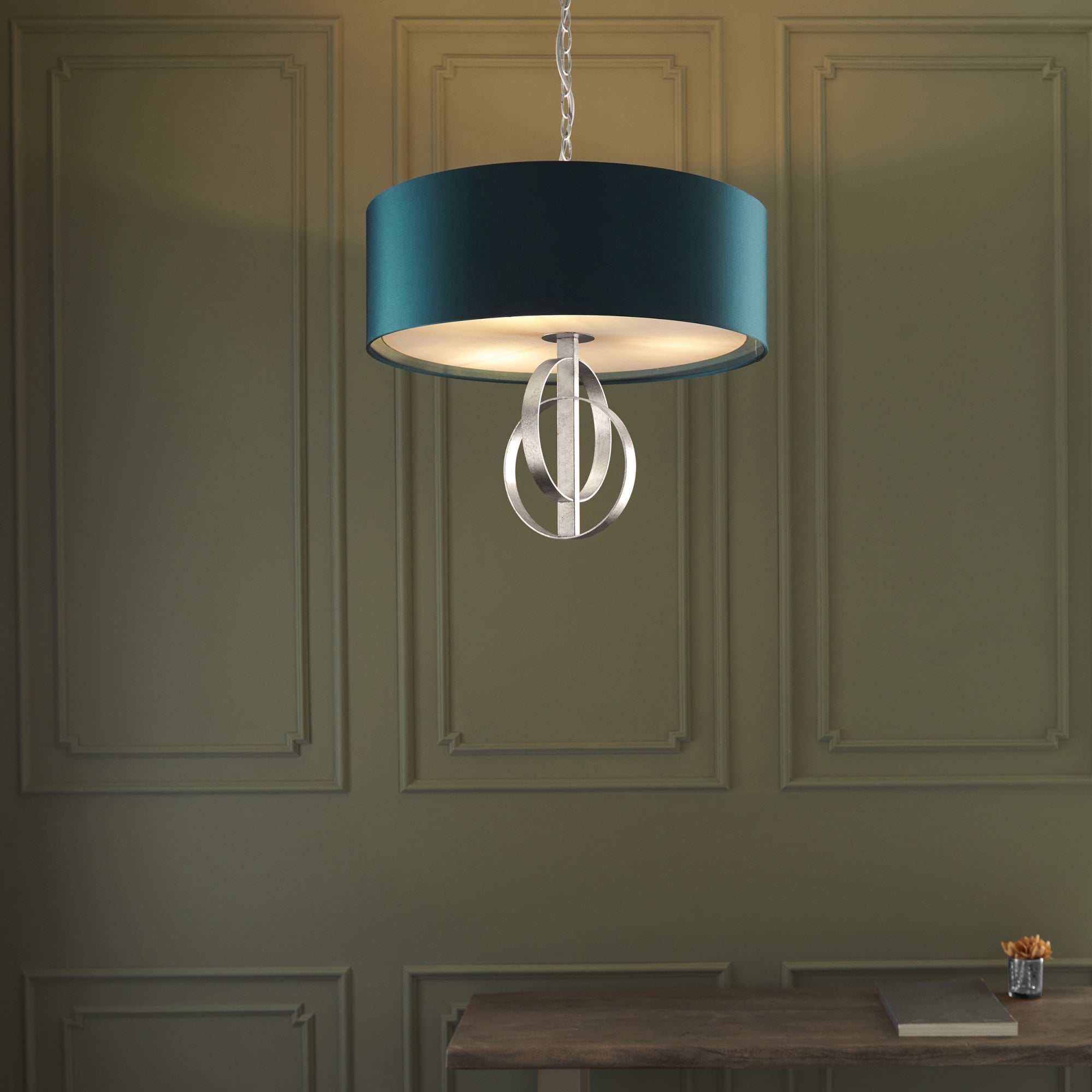 Utopia Interlink 3 Light Pendant - Antique Silver Leaf With Teal Shade - 60cm Diameter