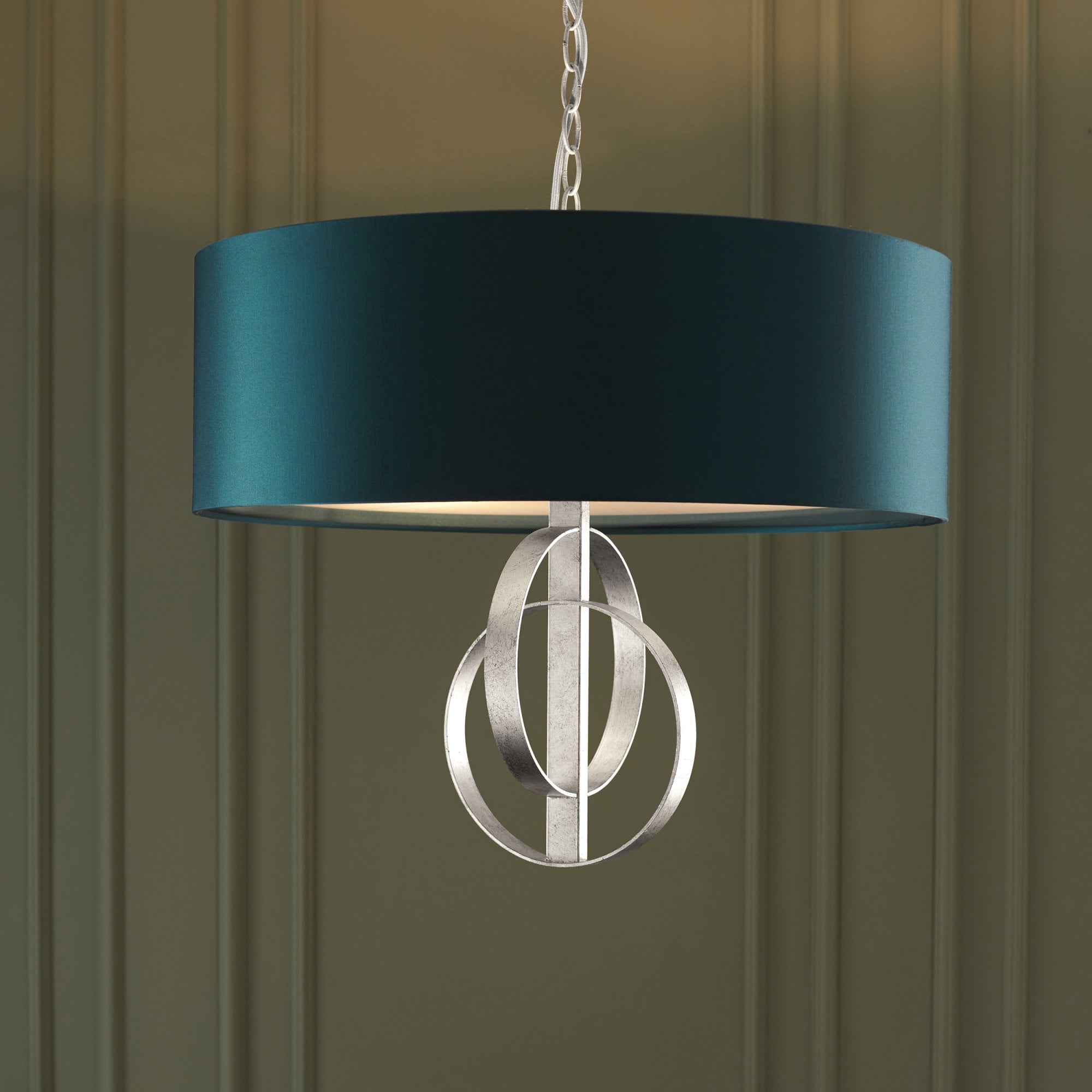 Utopia Interlink 3 Light Pendant - Antique Silver Leaf With Teal Shade - 60cm Diameter