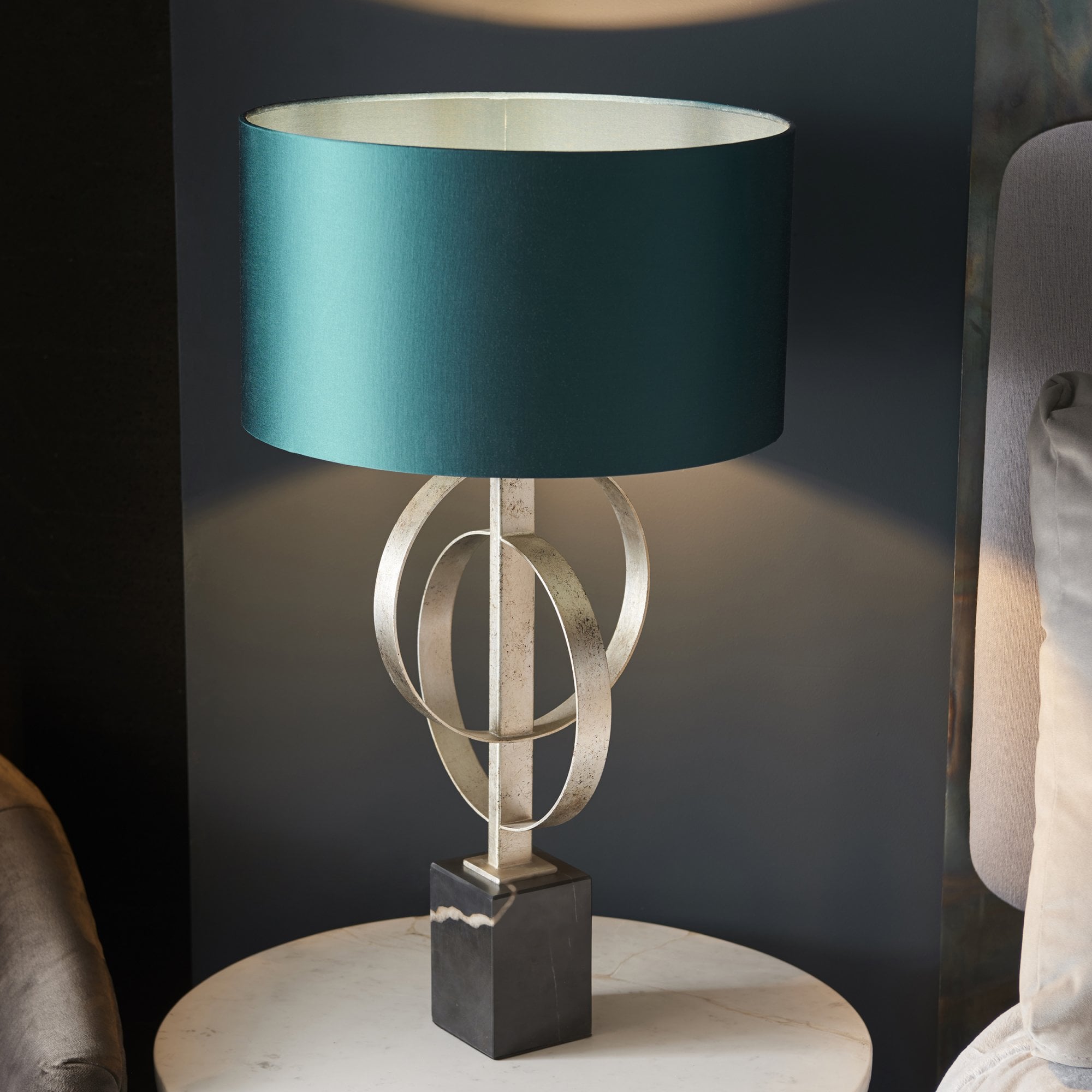 Utopia Interlink Table Lamp - Antique Silver Leaf With Teal Shade
