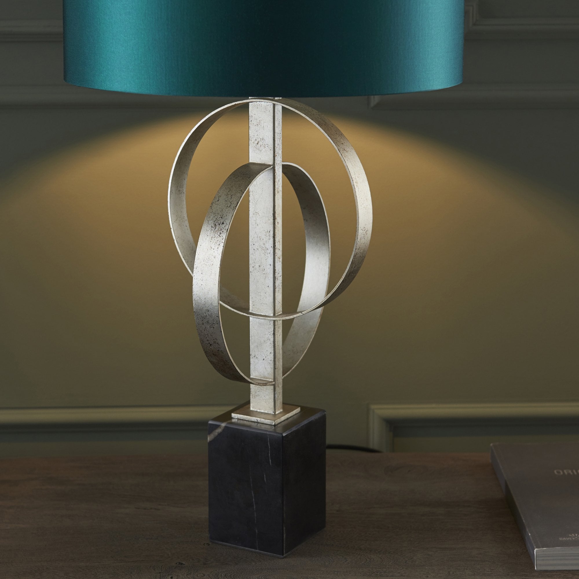 Utopia Interlink Table Lamp - Antique Silver Leaf With Teal Shade
