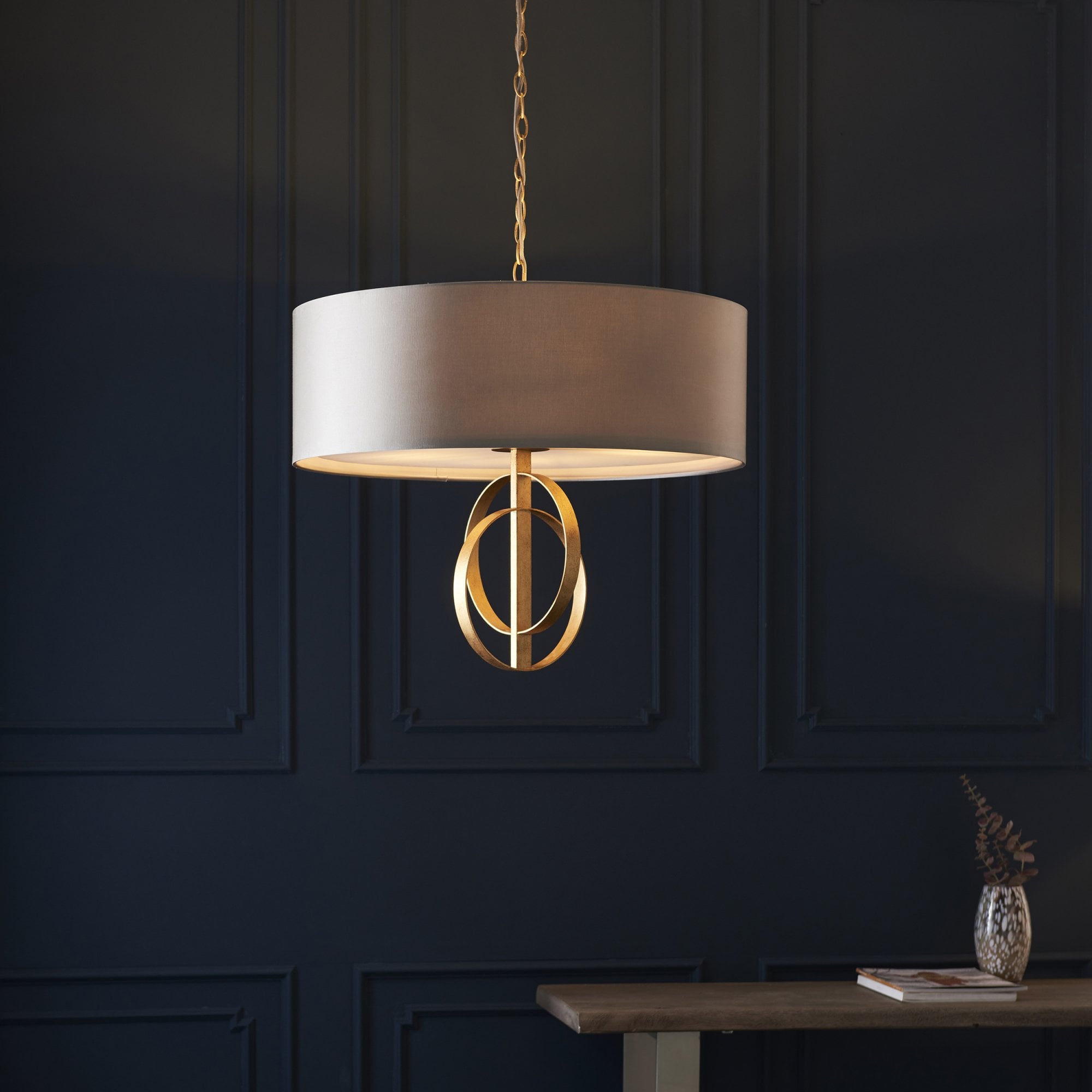 Utopia Interlink 5 Light Pendant - Antique Gold With Mink Shade - 70cm Diameter