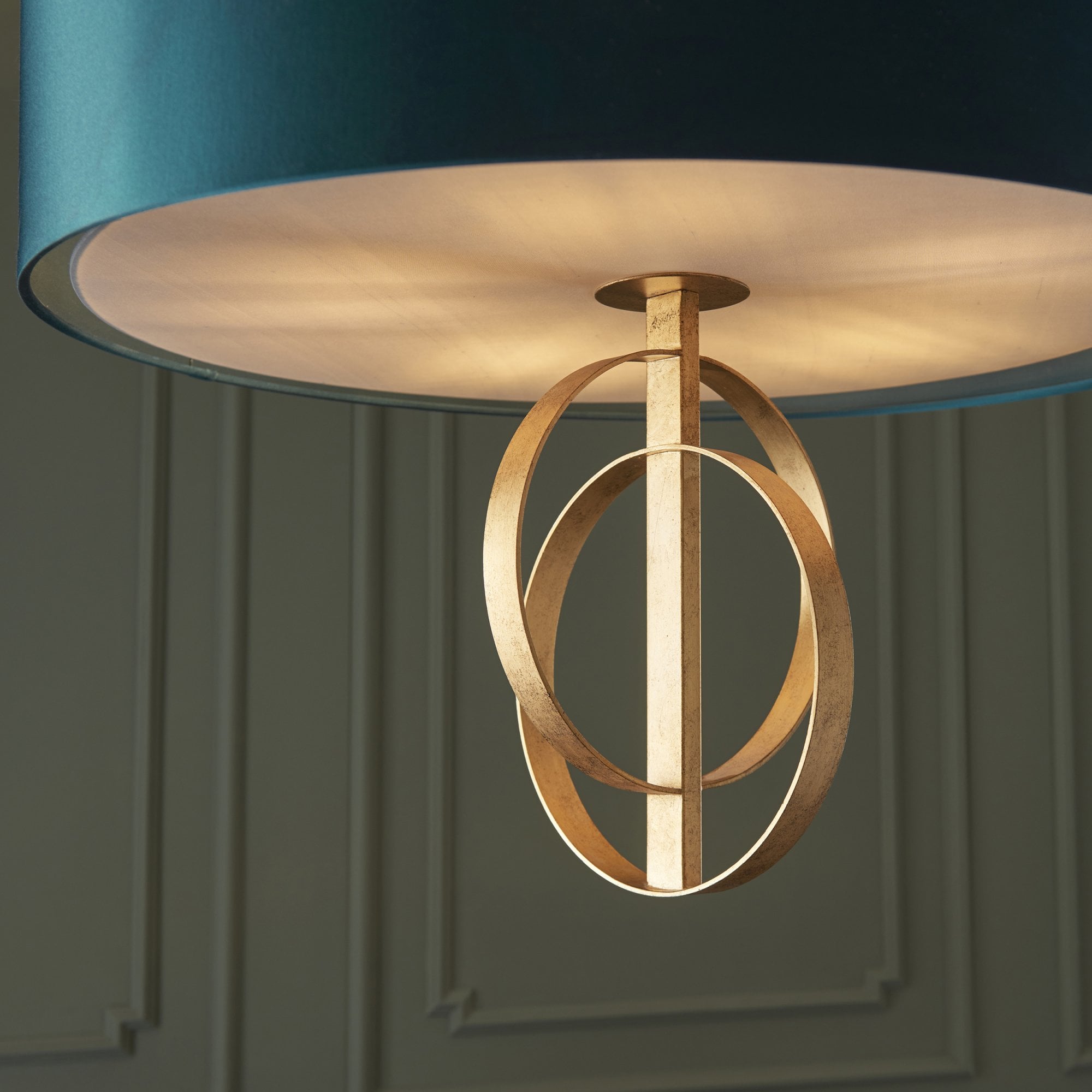 Utopia Interlink 5 Light Pendant - Antique Gold With Teal Shade - 70cm Diameter