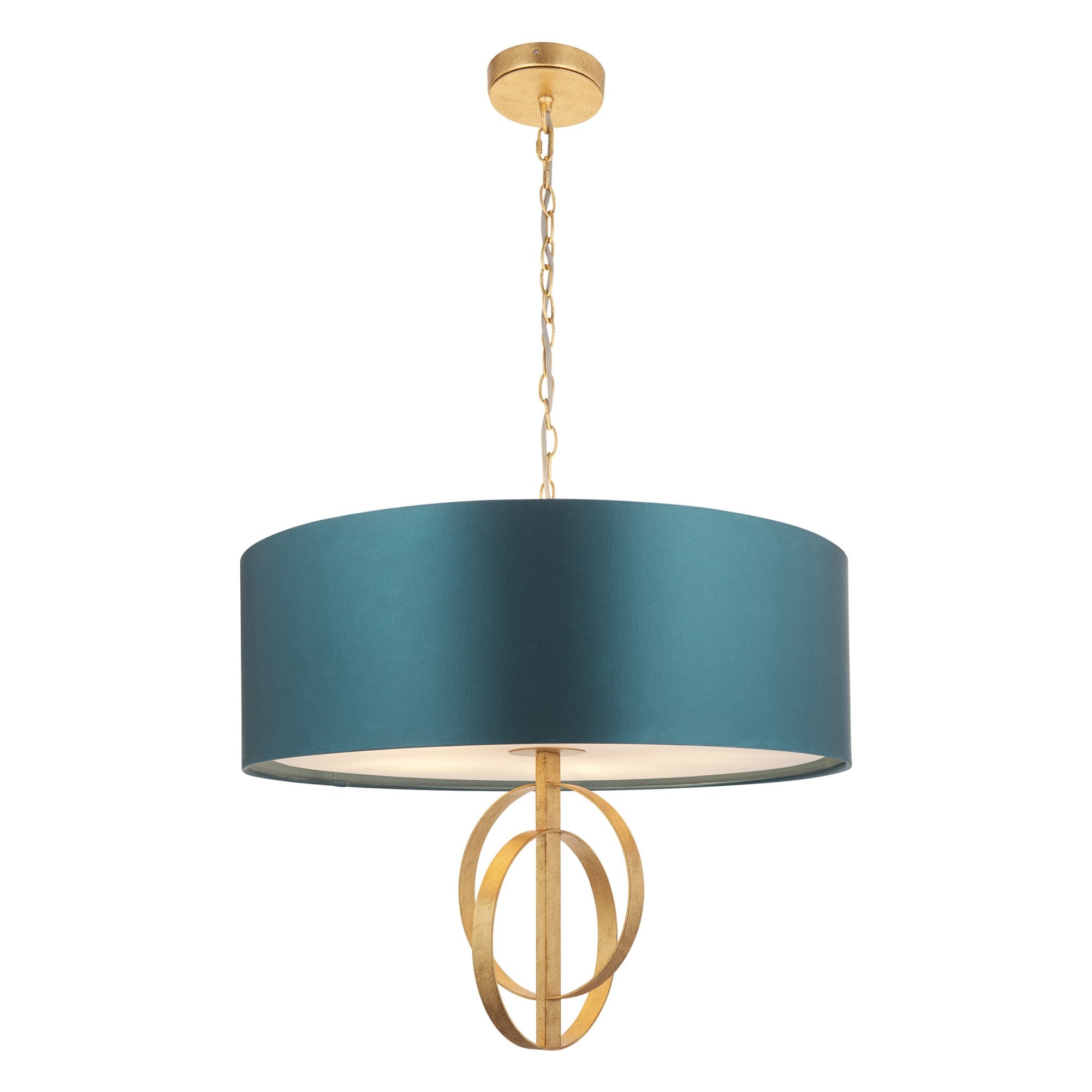 Utopia Interlink 5 Light Pendant - Antique Gold With Teal Shade - 70cm Diameter