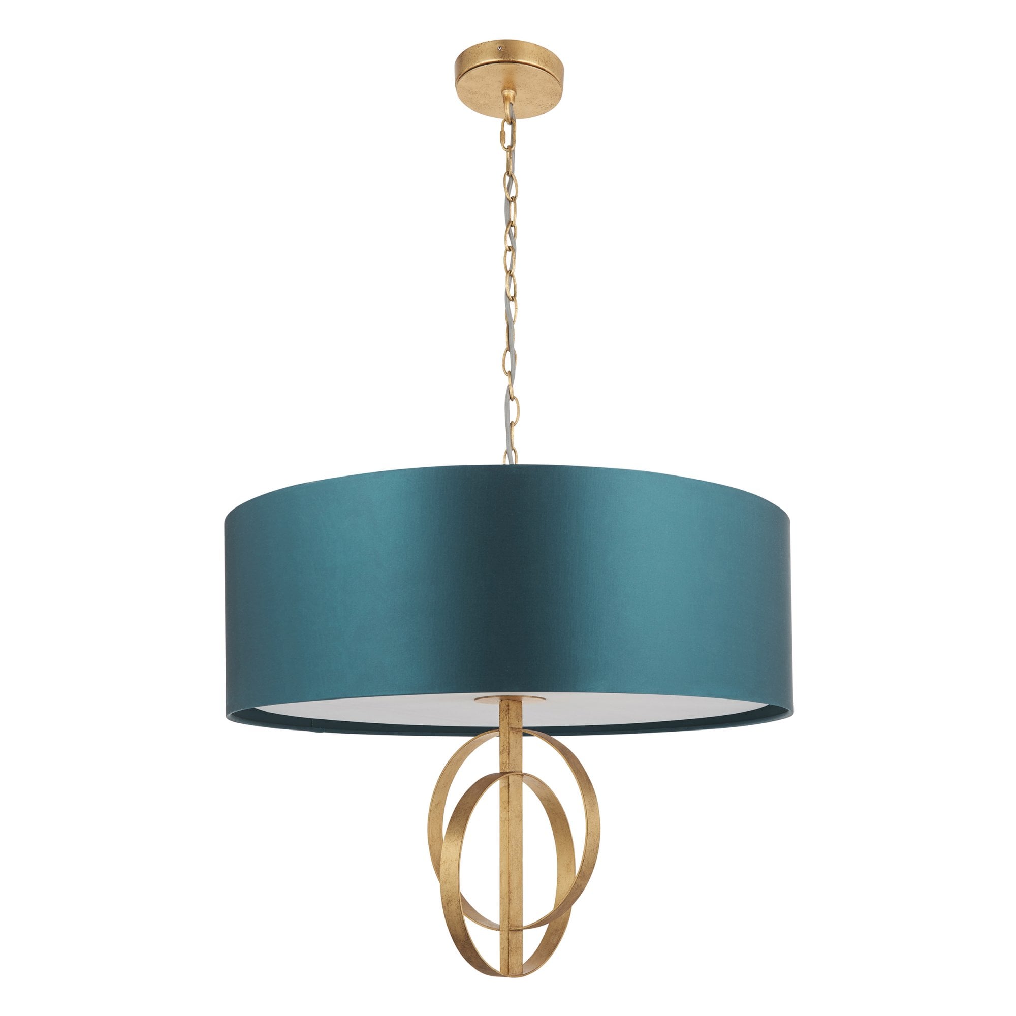 Utopia Interlink 5 Light Pendant - Antique Gold With Teal Shade - 70cm Diameter