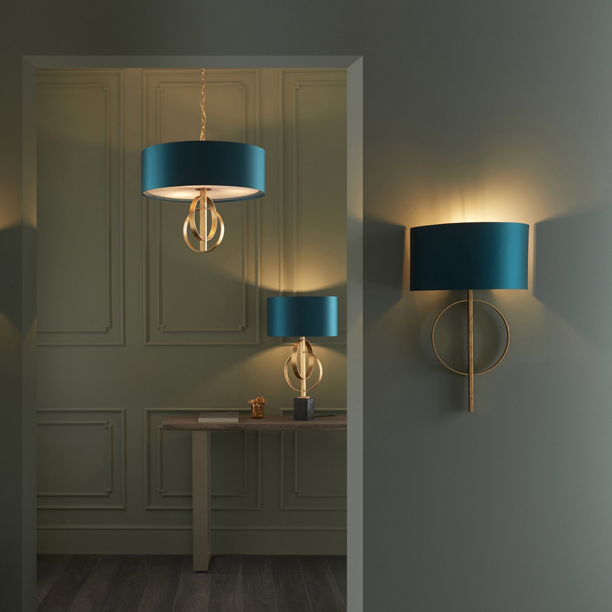 Utopia Interlink 3 Light Pendant - Antique Gold With Teal Shade - 60cm Diameter
