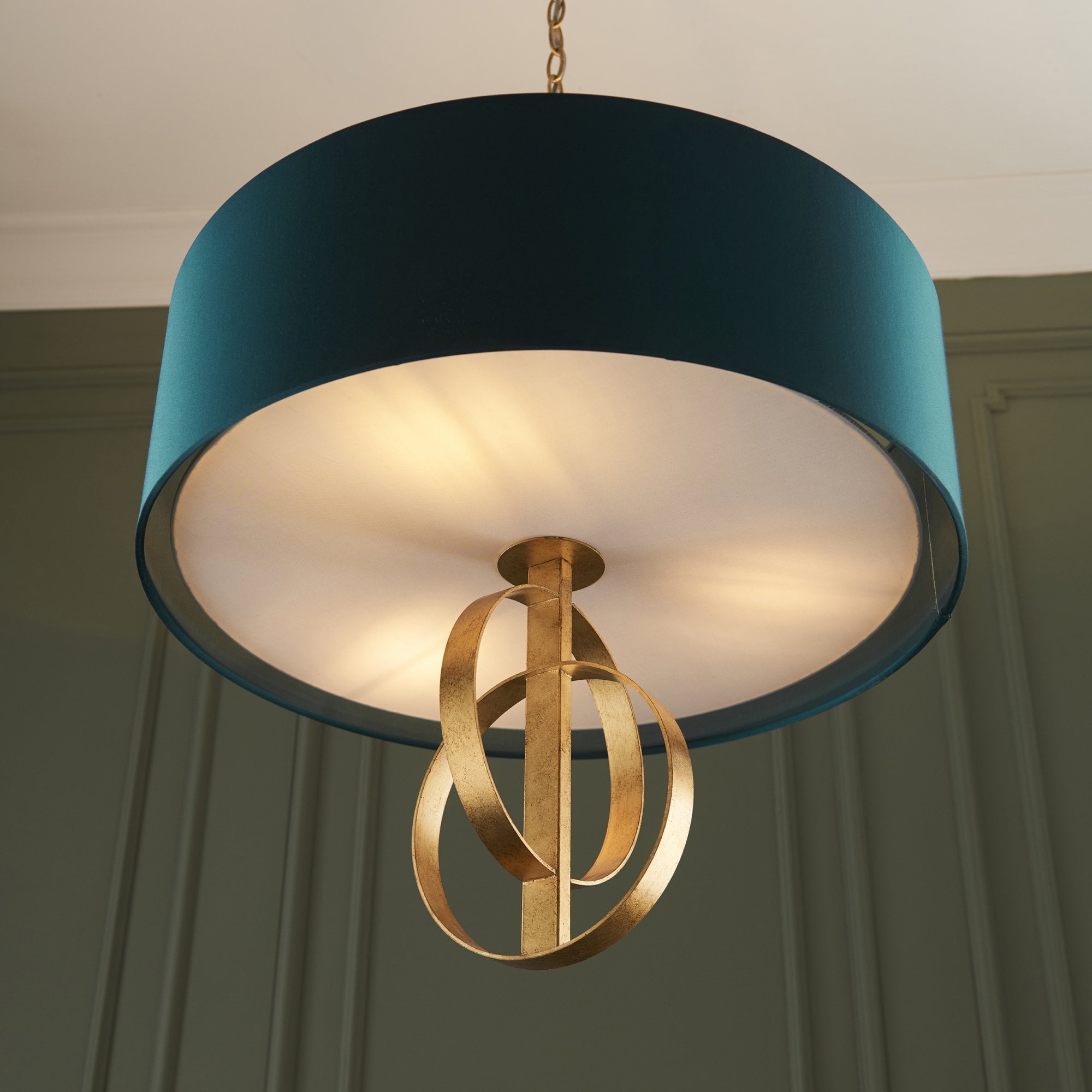 Utopia Interlink 3 Light Pendant - Antique Gold With Teal Shade - 60cm Diameter
