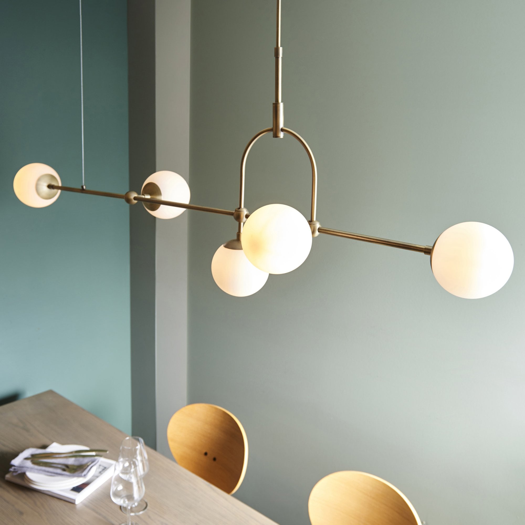 Utopia Sphere 5 Light Linear Pendant - Antique Brass - Length 162cm
