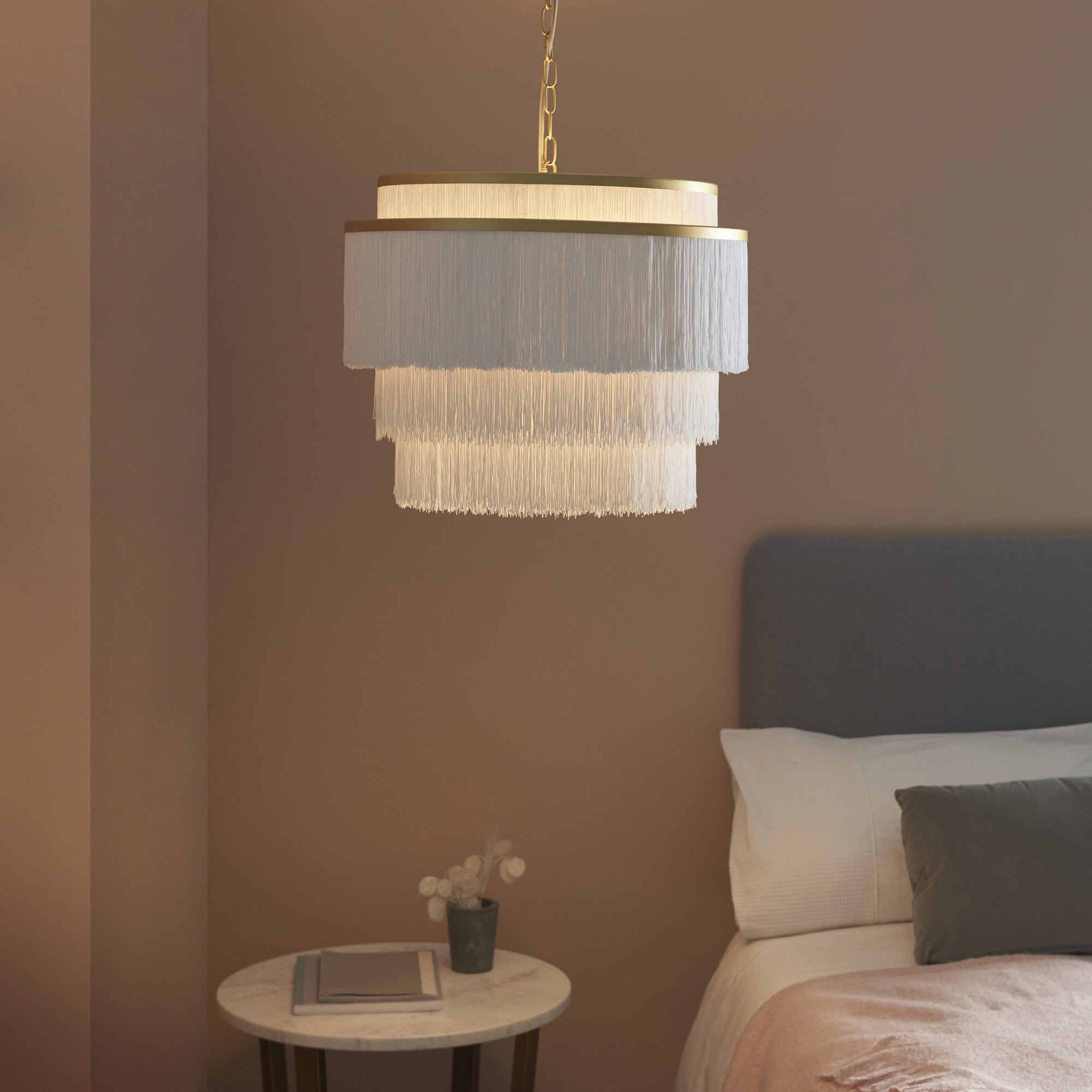 Utopia Gatsby 3 Light Pendant - Matt Gold With White Fringe Shade - 50cm Diameter