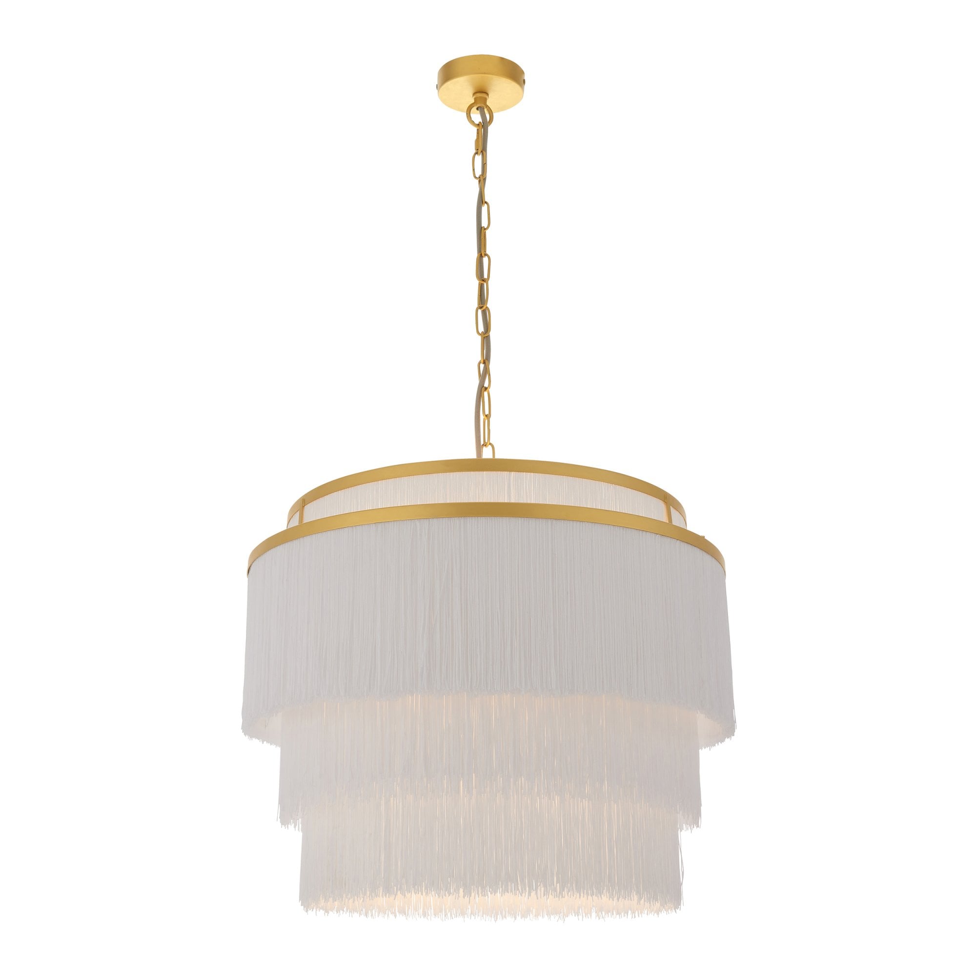 Utopia Gatsby 3 Light Pendant - Matt Gold With White Fringe Shade - 50cm Diameter