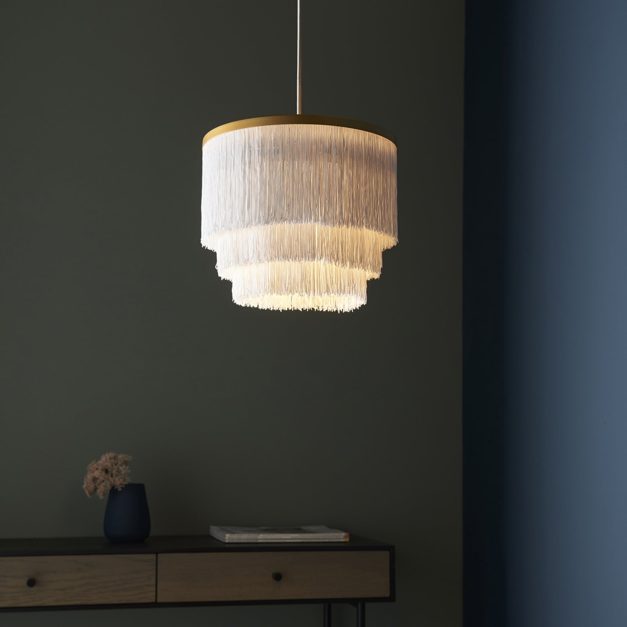 Utopia Gatsby Single Pendant - Matt Gold With White Fringe Shade - 30cm Diameter