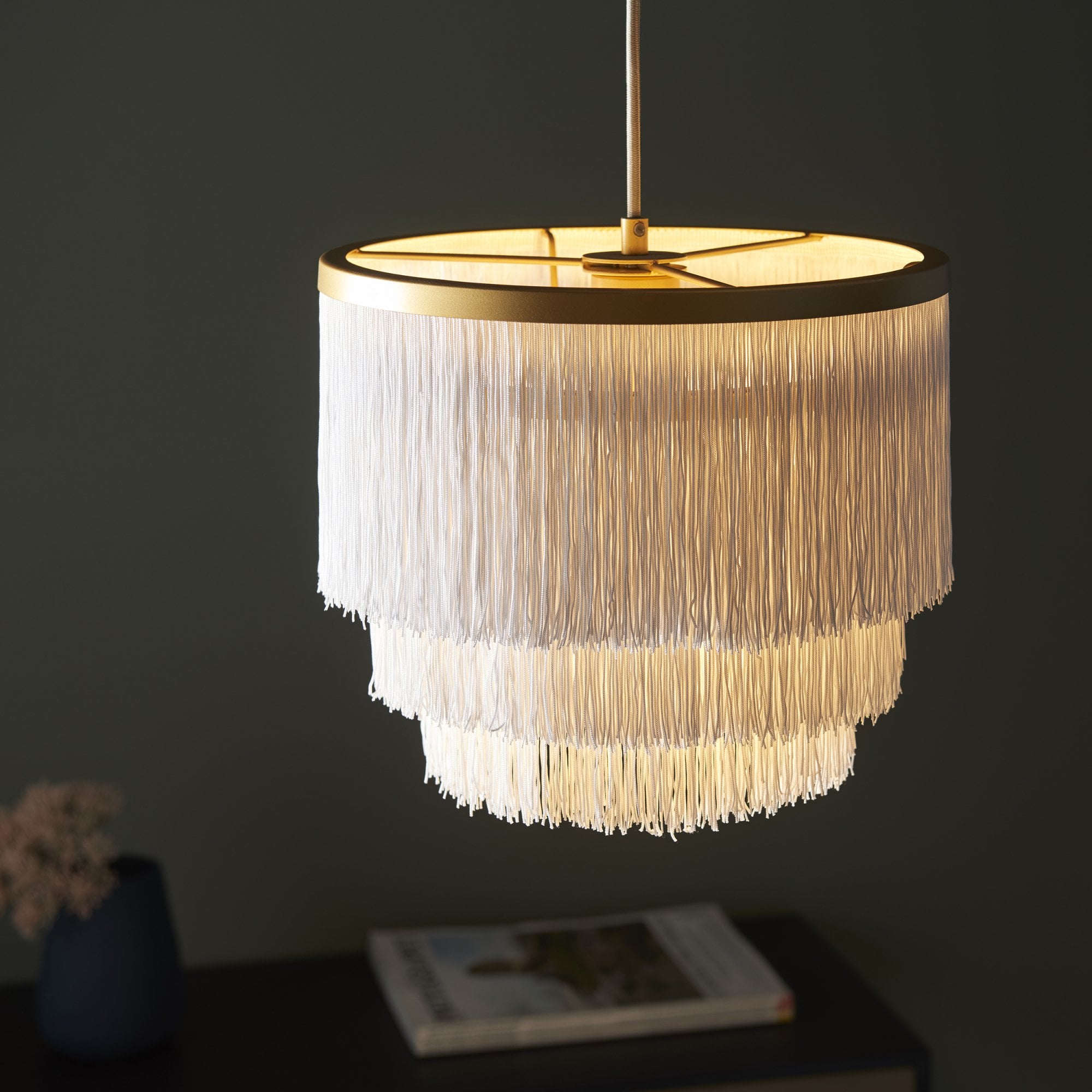 Utopia Gatsby Single Pendant - Matt Gold With White Fringe Shade - 30cm Diameter