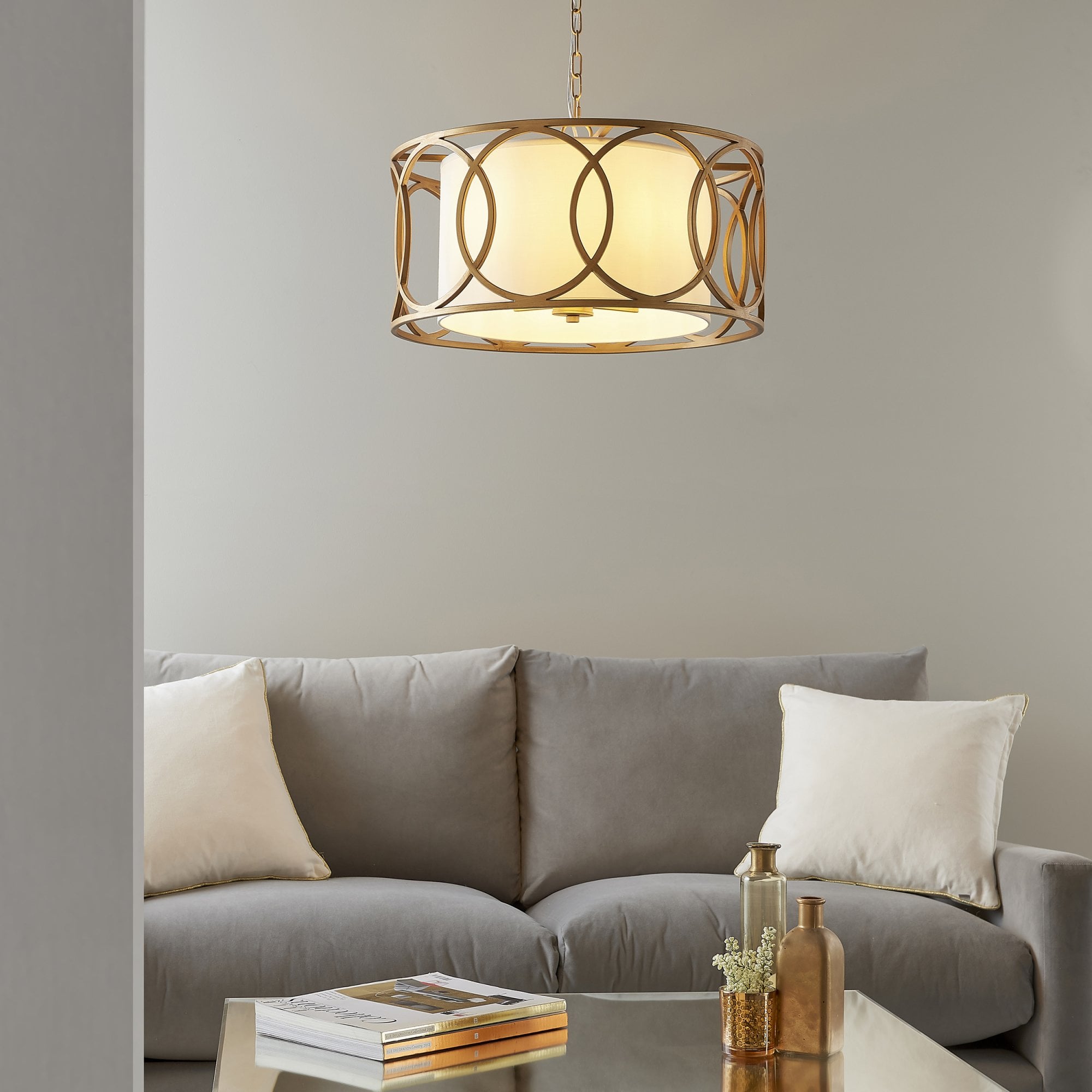 Utopia Ring 4 Light Pendant - Brushed Gold And White Inner Shade - 55cm Diameter