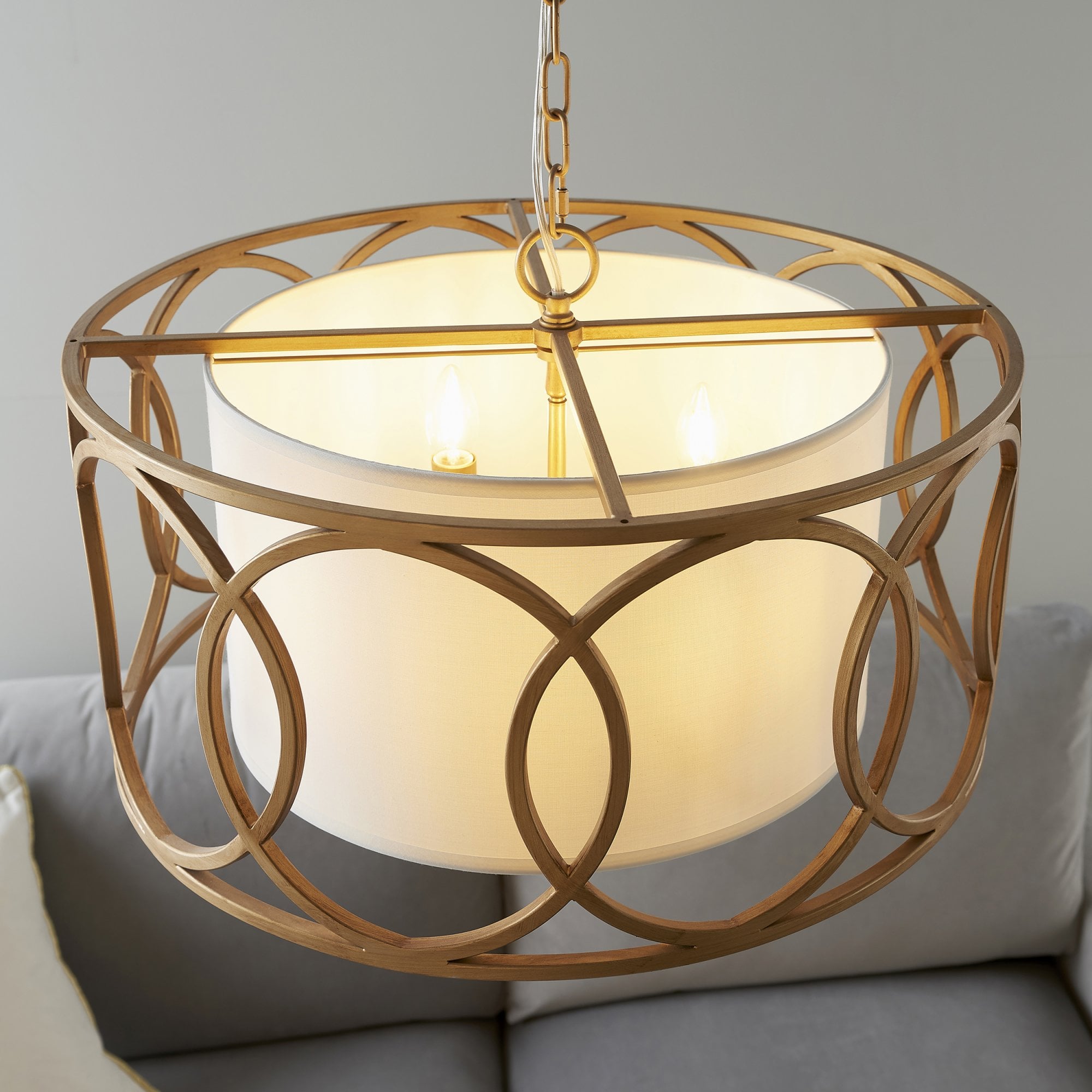 Utopia Ring 4 Light Pendant - Brushed Gold And White Inner Shade - 55cm Diameter