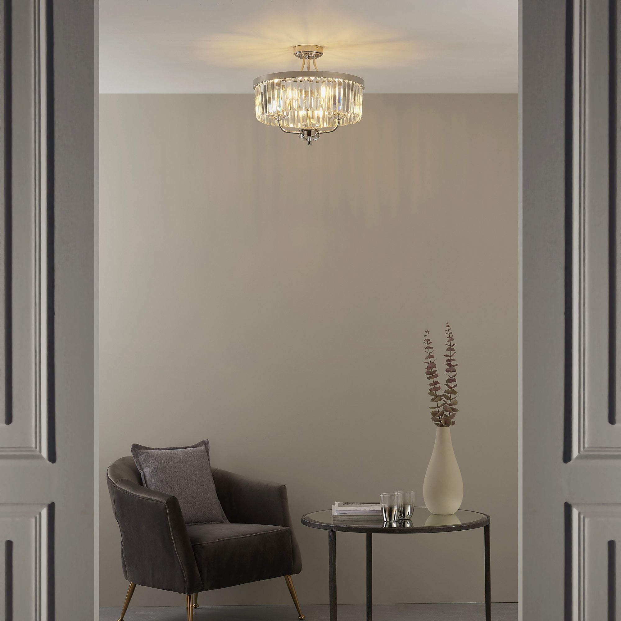 Utopia Martini 3 Light Semi Flush Fitting - Bright Nickel And Clear Glass - 45cm Diameter