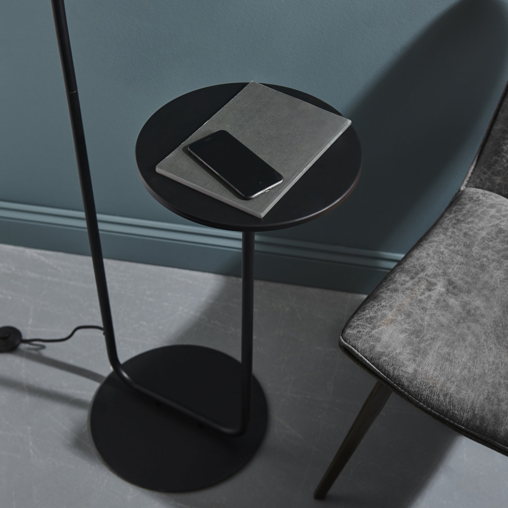 Endon The Modern Floor Lamp With Table - Satin Black With Black Shade