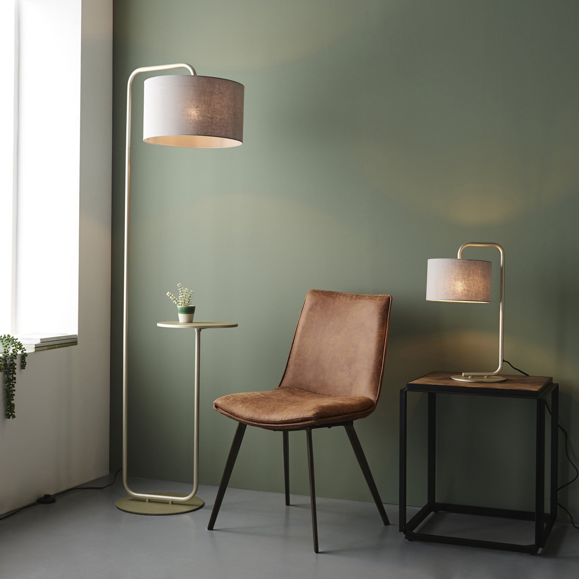 Endon Landis Table Lamp - Satin Champagne With Slate Grey Shade