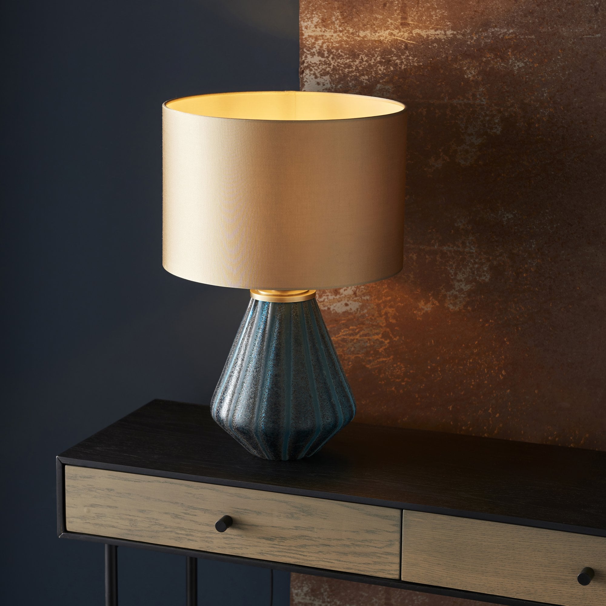 Utopia Stripe Table Lamp - Turquoise Glass And Gold Shade