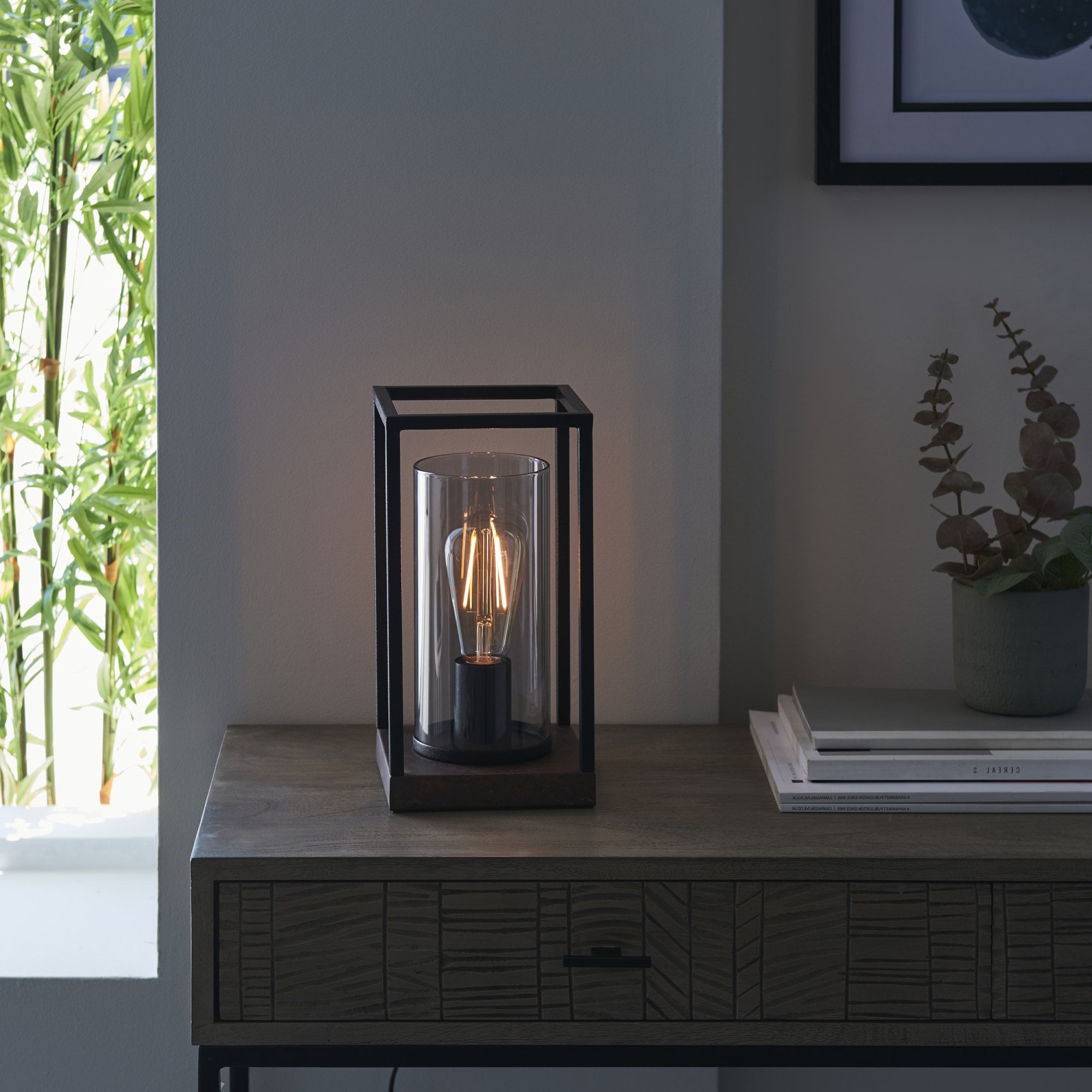 Endon Caleb Table Lamp - Sand Black, Bronze Patina & Grey Tinted Glass