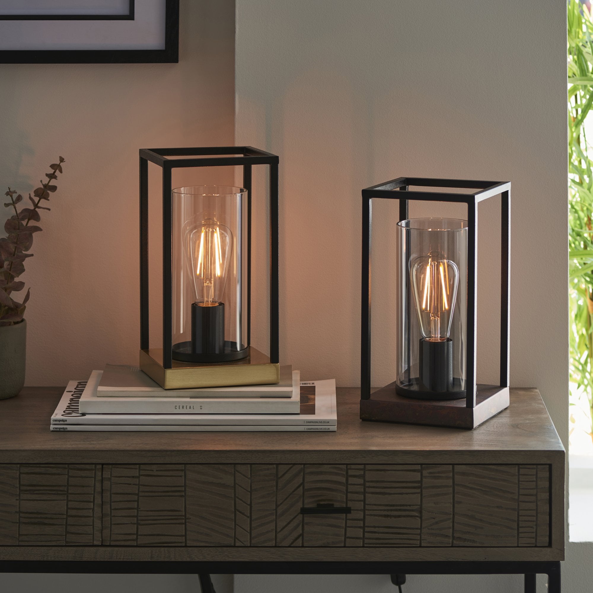Endon Caleb Table Lamp - Sand Black, Bronze Patina & Grey Tinted Glass
