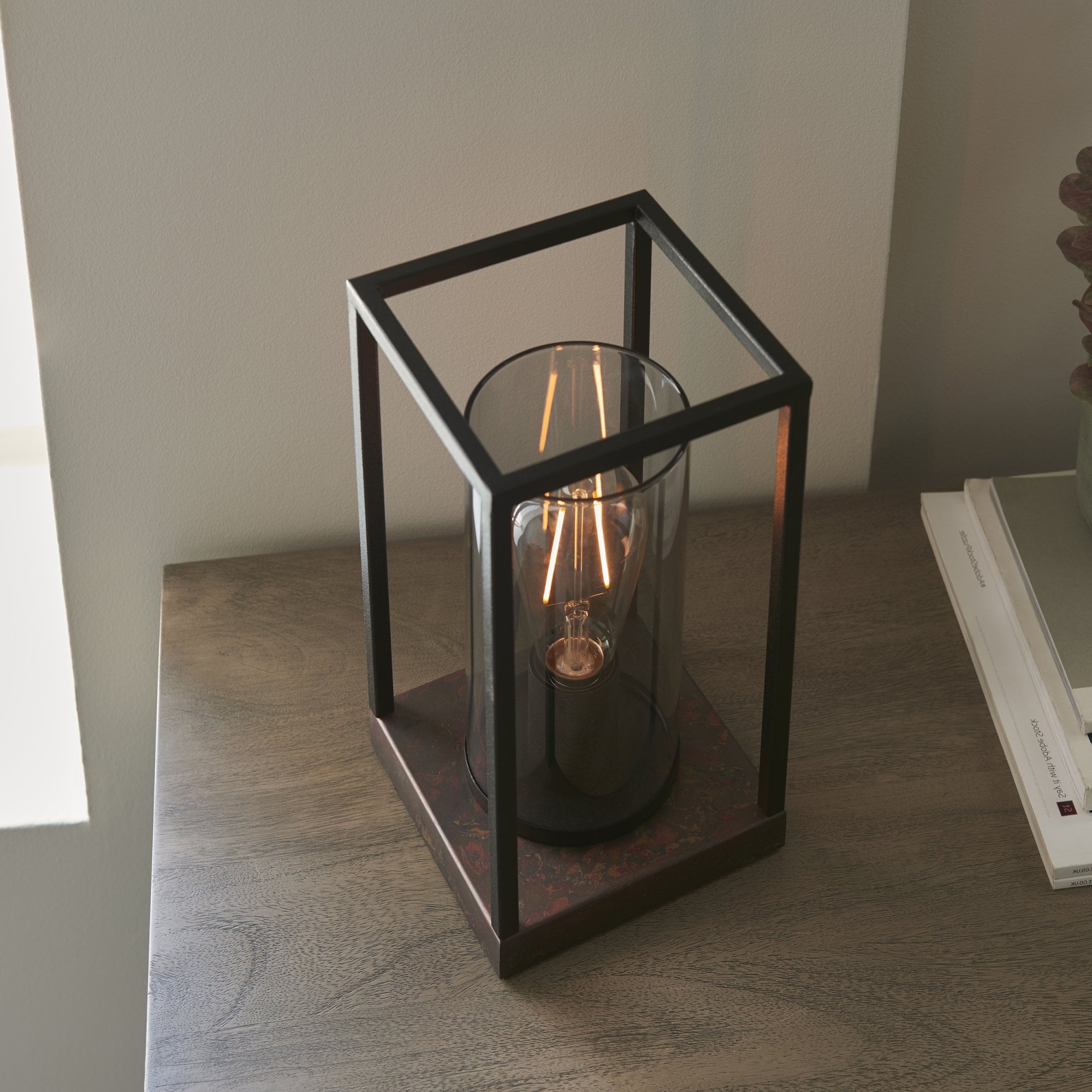 Endon Caleb Table Lamp - Sand Black, Bronze Patina & Grey Tinted Glass