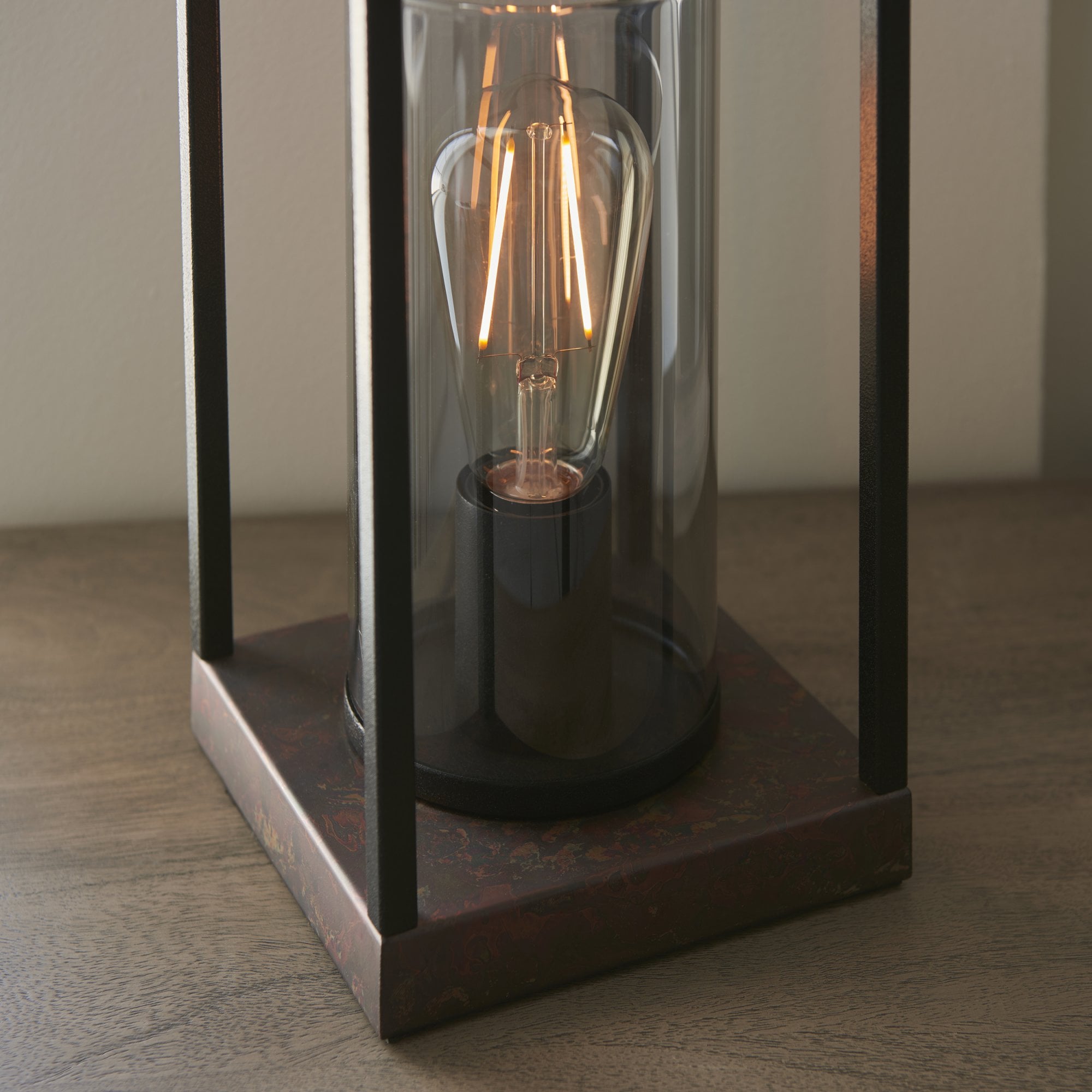 Endon Caleb Table Lamp - Sand Black, Bronze Patina & Grey Tinted Glass