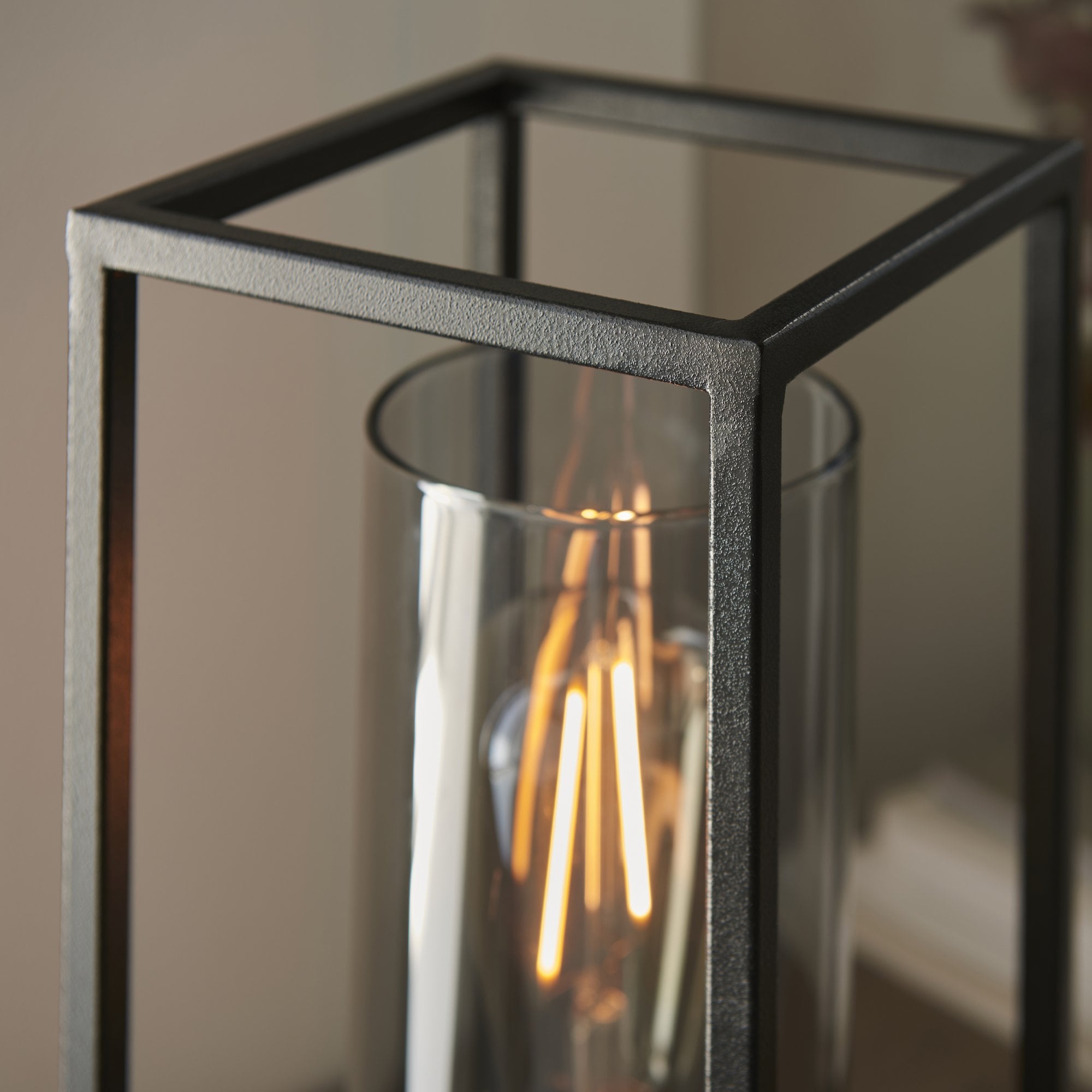 Endon Caleb Table Lamp - Sand Black, Bronze Patina & Grey Tinted Glass