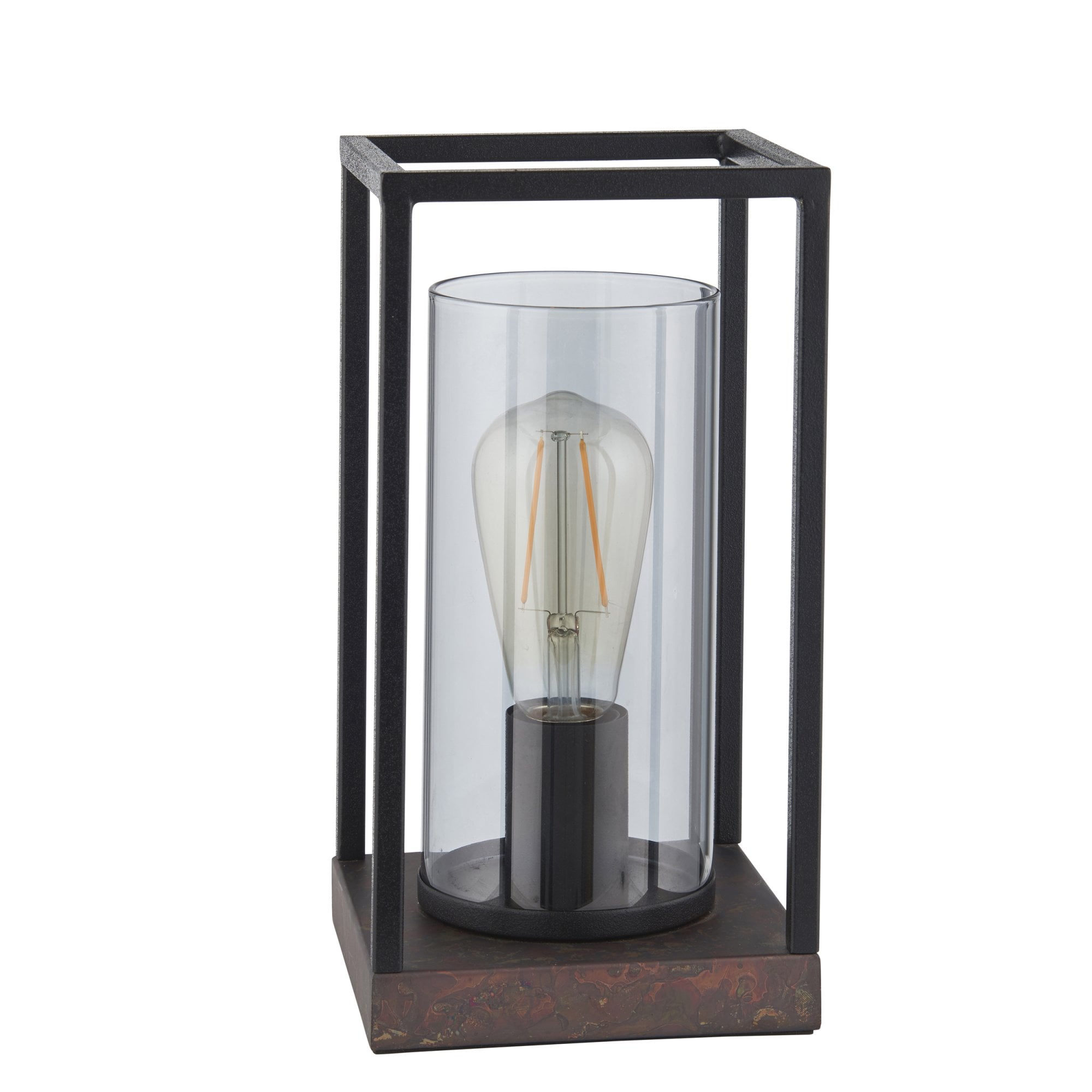 Endon Caleb Table Lamp - Sand Black, Bronze Patina & Grey Tinted Glass