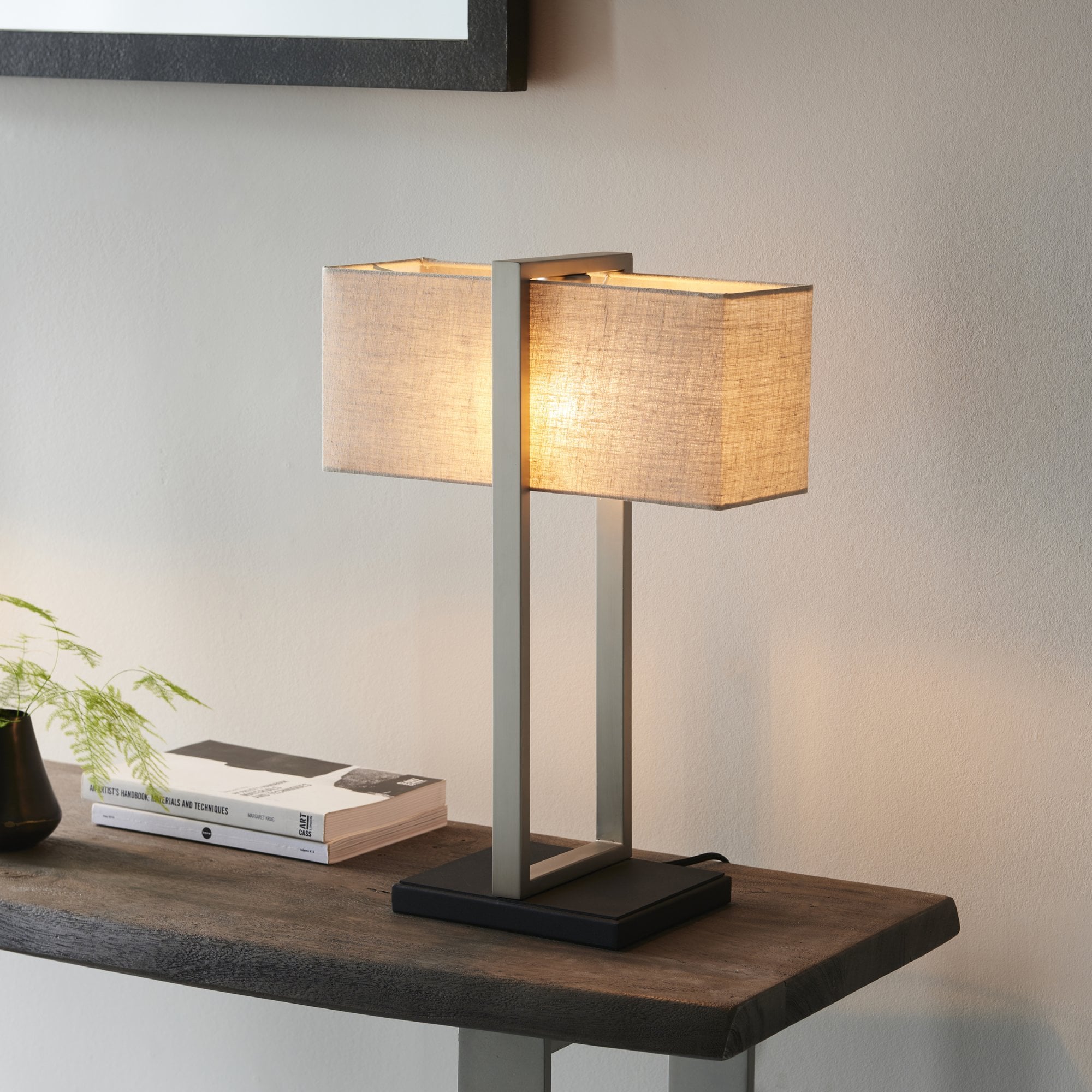 Utopia Oblong Table Lamp - Satin Nickel And Natural Shade