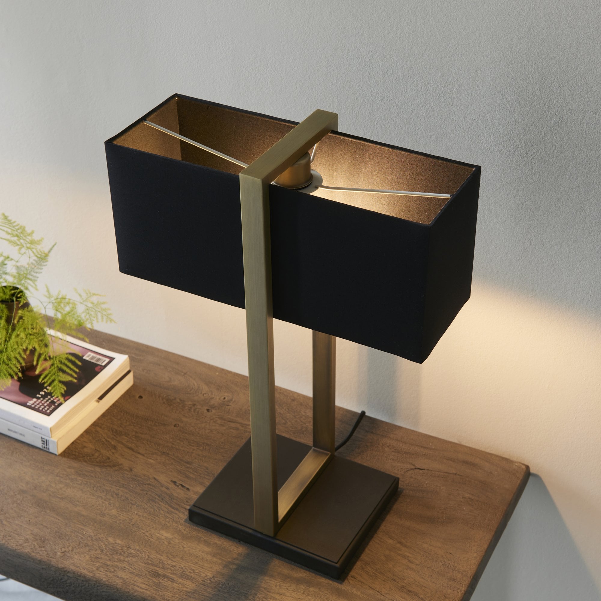 Utopia Oblong Table Lamp -  Antique Brass And Black Shade