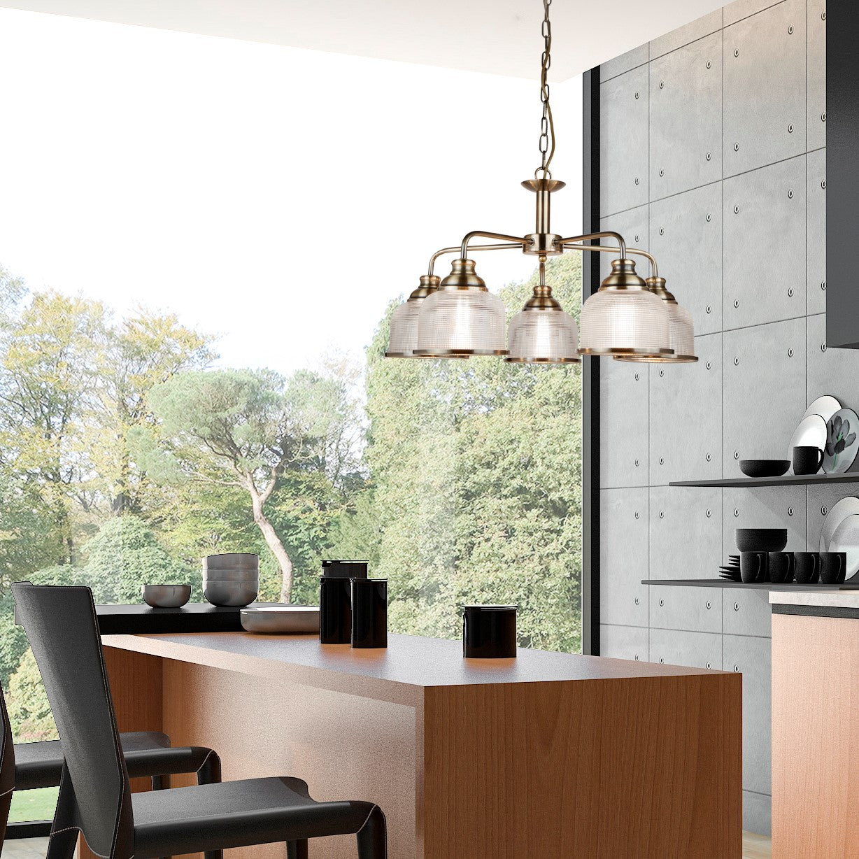 Searchlight Beech II 5 Light Ceiling Fitting - Antique Brass & Holophane Glass