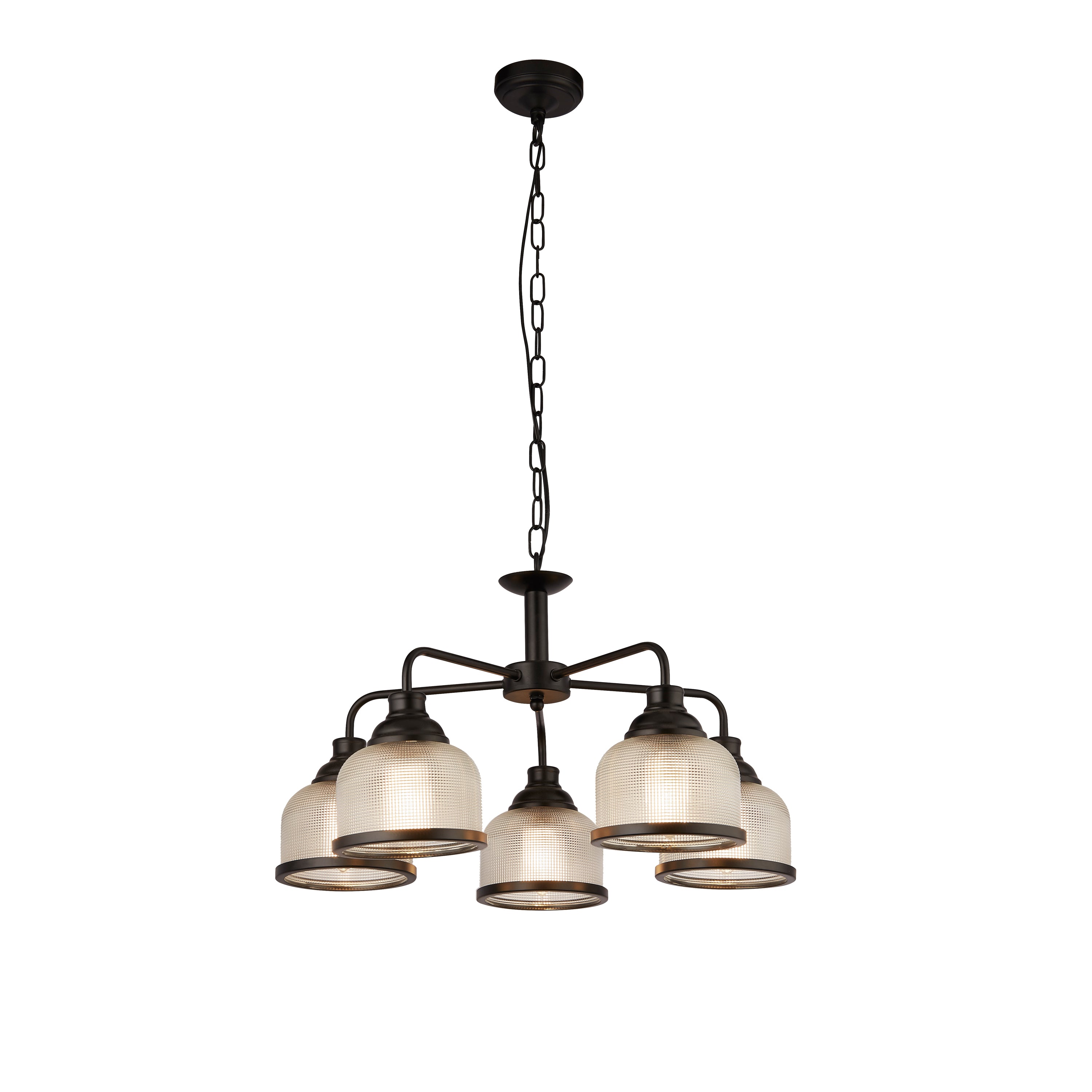 Searchlight Handel 5 Light Pendant - Black Metal & Holophane Style Glass