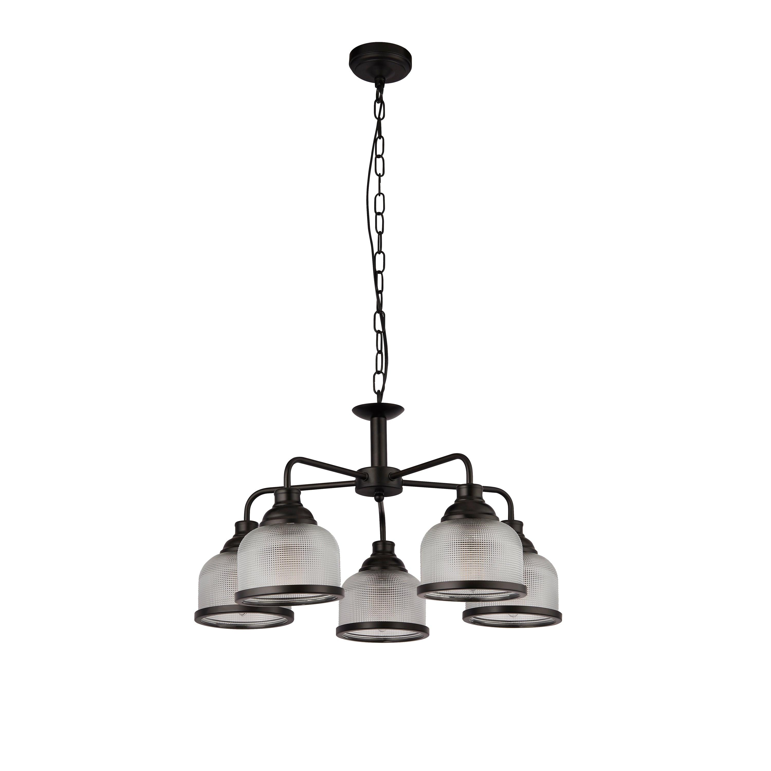 Searchlight Handel 5 Light Pendant - Black Metal & Holophane Style Glass