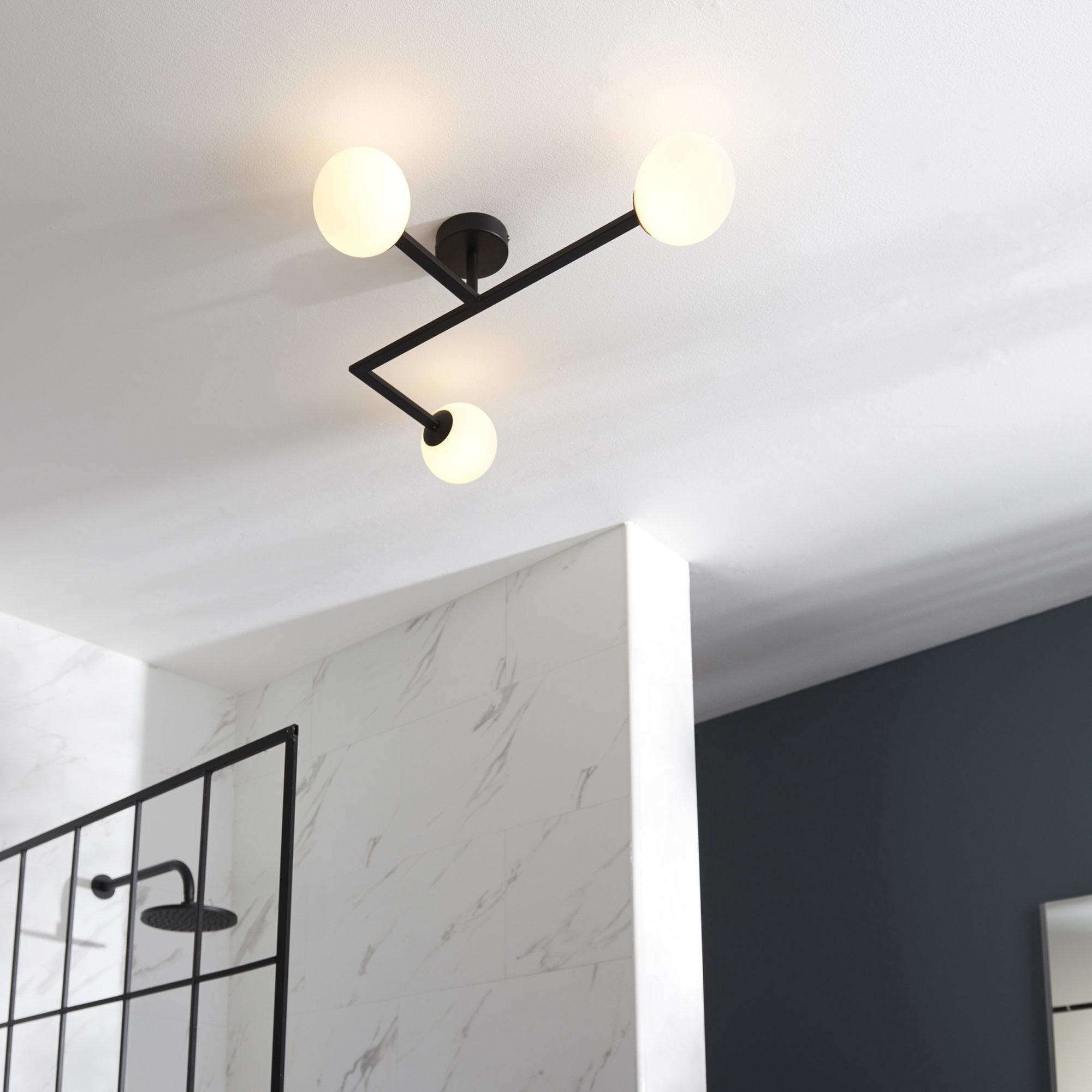 Endon Linear Metal Semi Flush Fitting - Matt Black With White Globe
