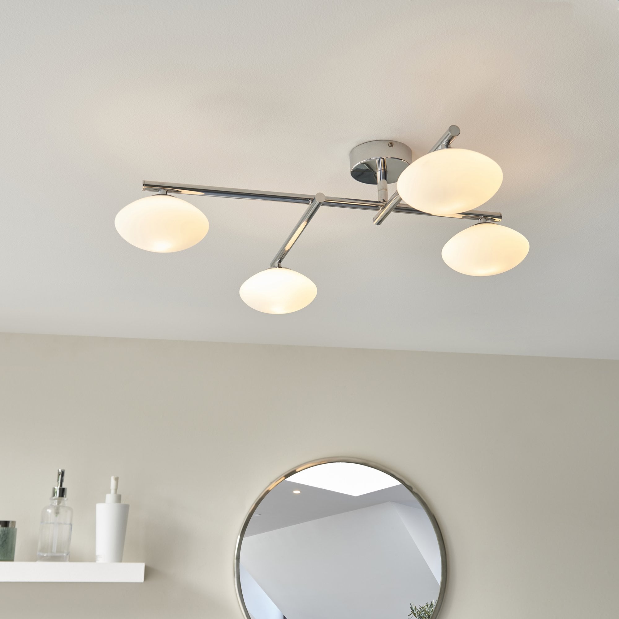 Endon Linear Metal Semi Flush Fitting - Chrome & White Globes