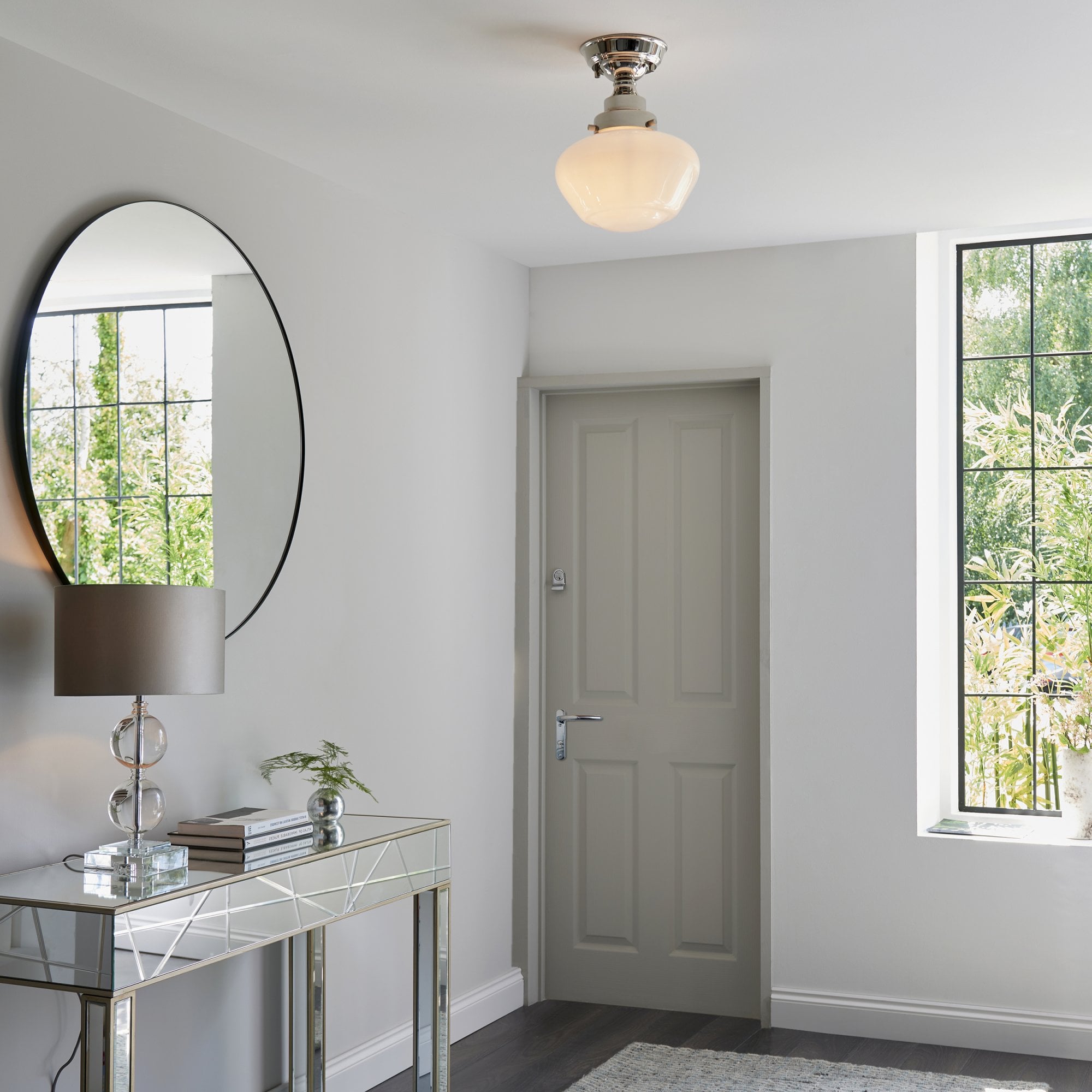 Endon Camberley Semi Flush Ceiling Light - Bright Nickel With Opal Glass