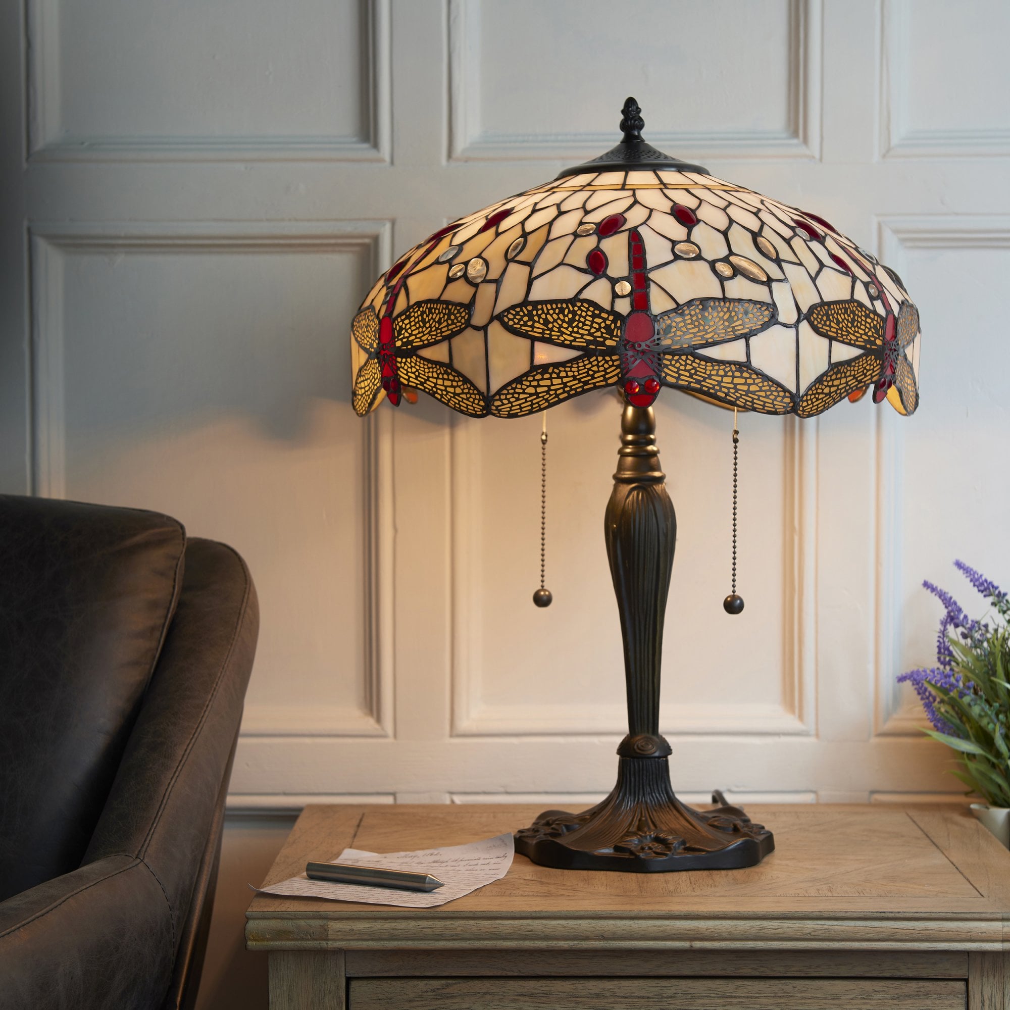 Interiors 1900 Dragonfly Beige Medium Table Lamp - Tiffany Glass