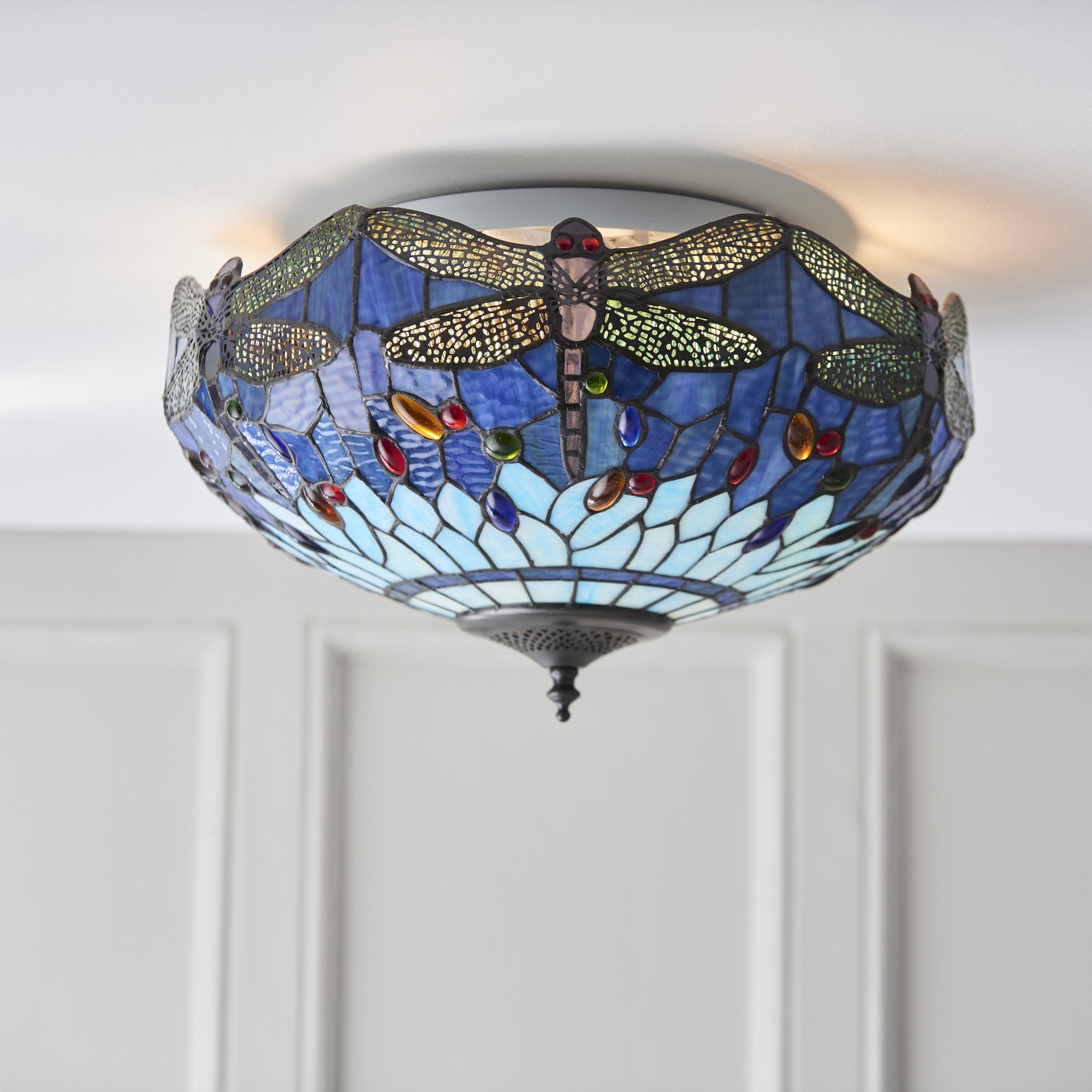 Interiors 1900 Dragonfly Blue Medium 2 Light Flush Fitting - Tiffany Glass