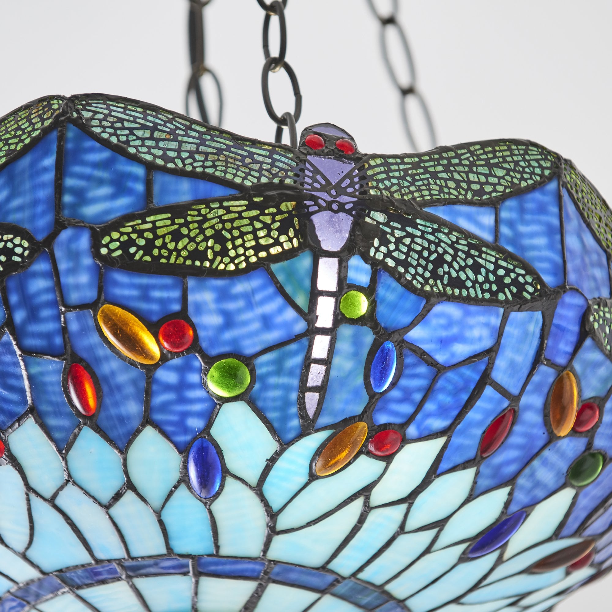 Interiors 1900 Dragonfly Blue Medium Inverted 3 Light Pendant - Tiffany Glass