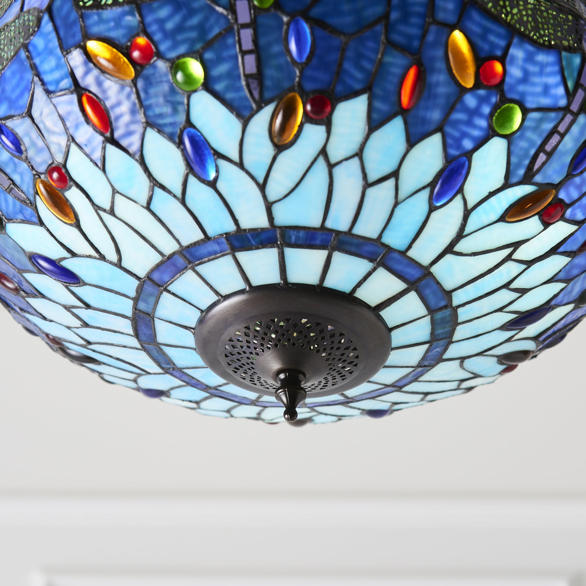 Interiors 1900 Dragonfly Blue Medium Inverted 3 Light Pendant - Tiffany Glass