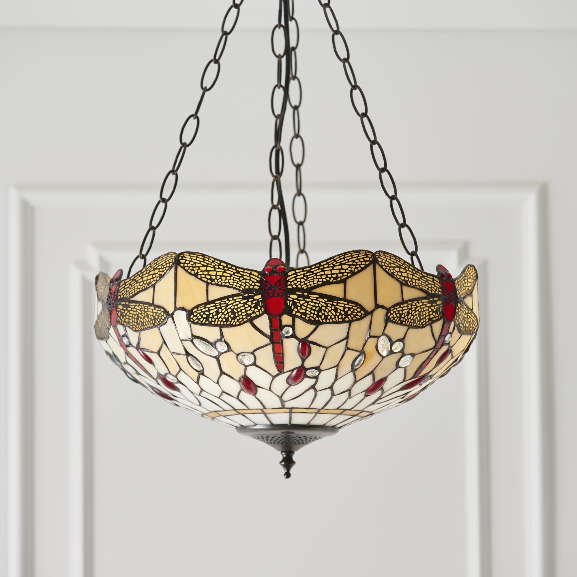 Interiors 1900 Dragonfly Beige Medium Inverted 3 Light Pendant - Tiffany Glass