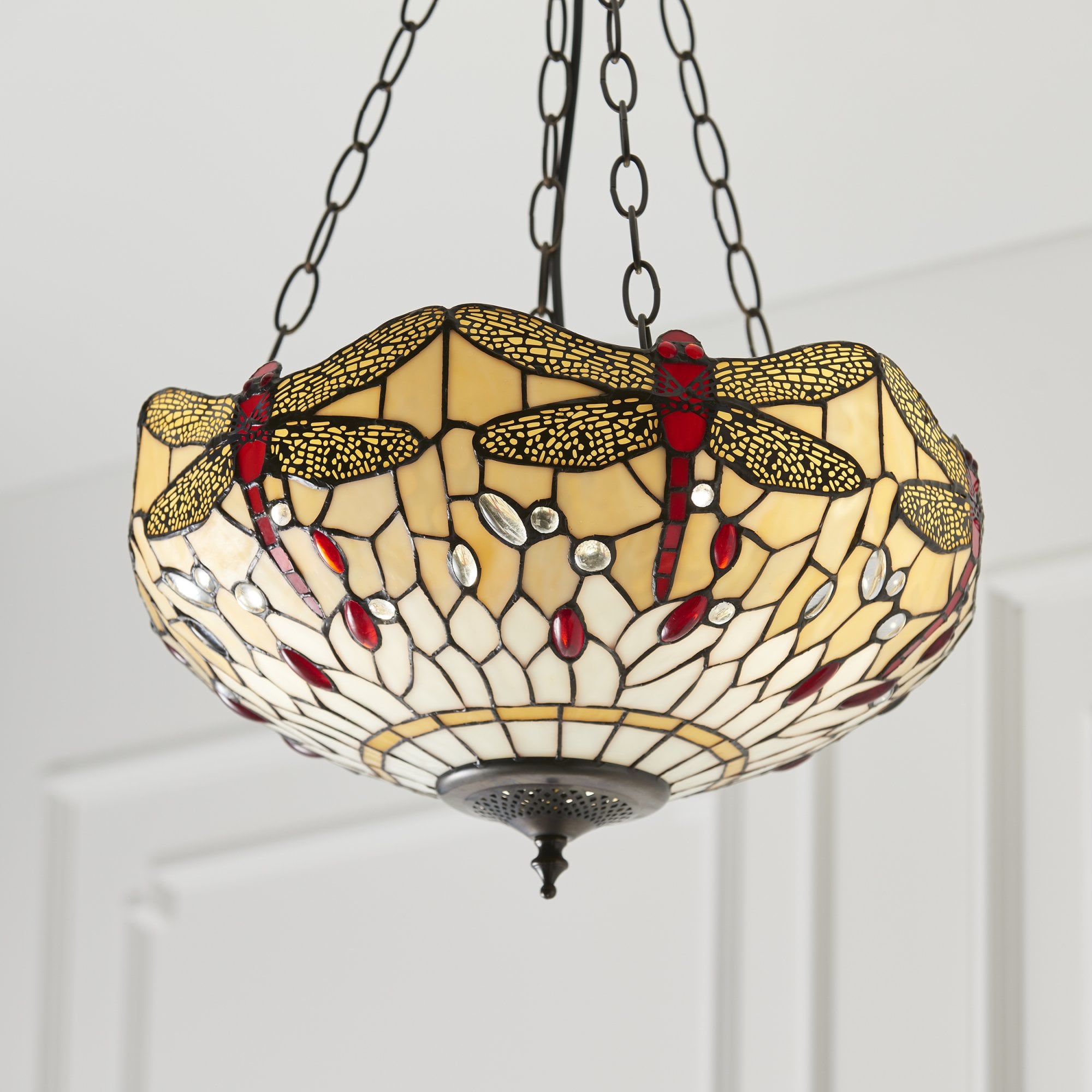 Interiors 1900 Dragonfly Beige Medium Inverted 3 Light Pendant - Tiffany Glass