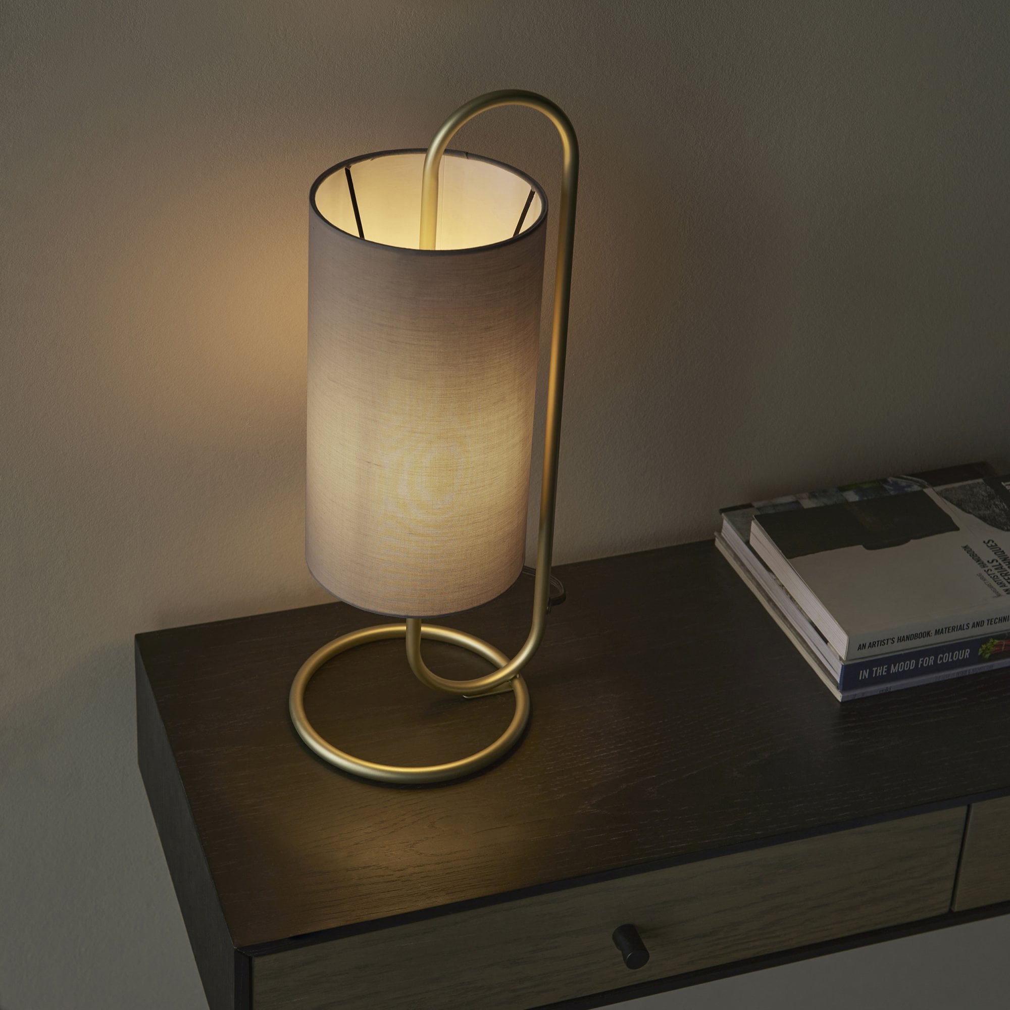 Endon Klip Metal Frame Table Lamp - Antique Brass With Grey Shade - Short