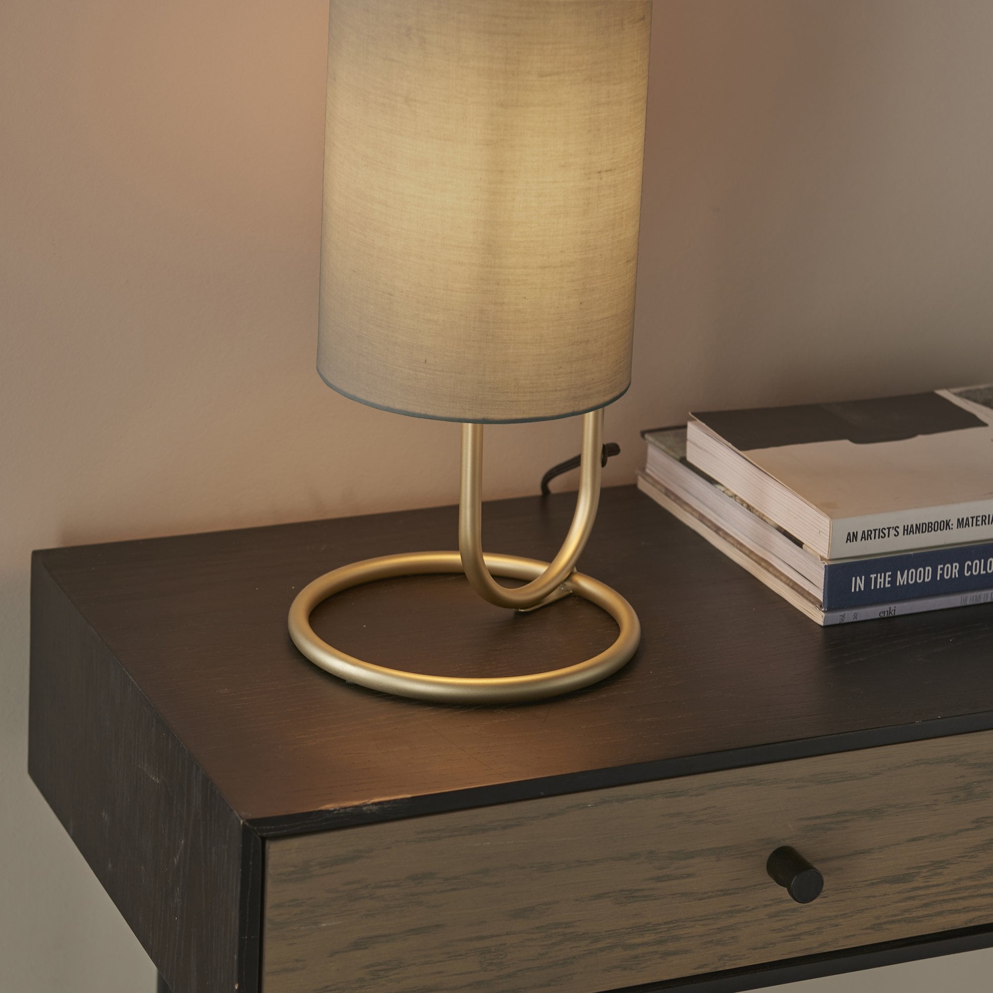 Endon Klip Metal Frame Table Lamp - Antique Brass With Grey Shade - Short