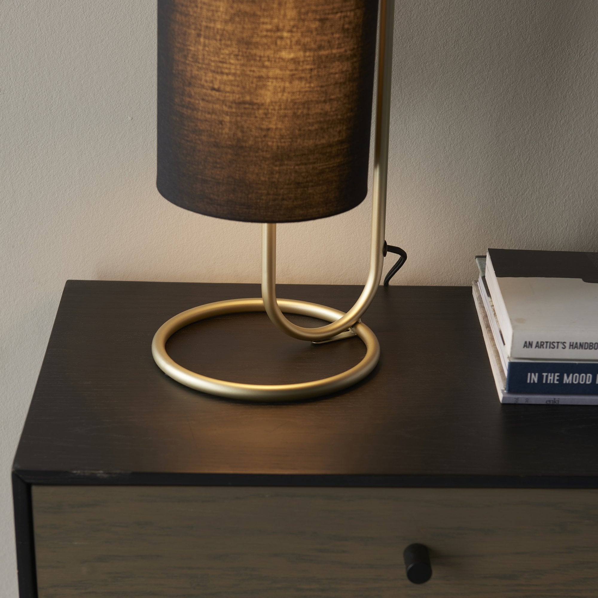 Endon Klip Metal Frame Table Lamp - Antique Brass With Black Shade - Short