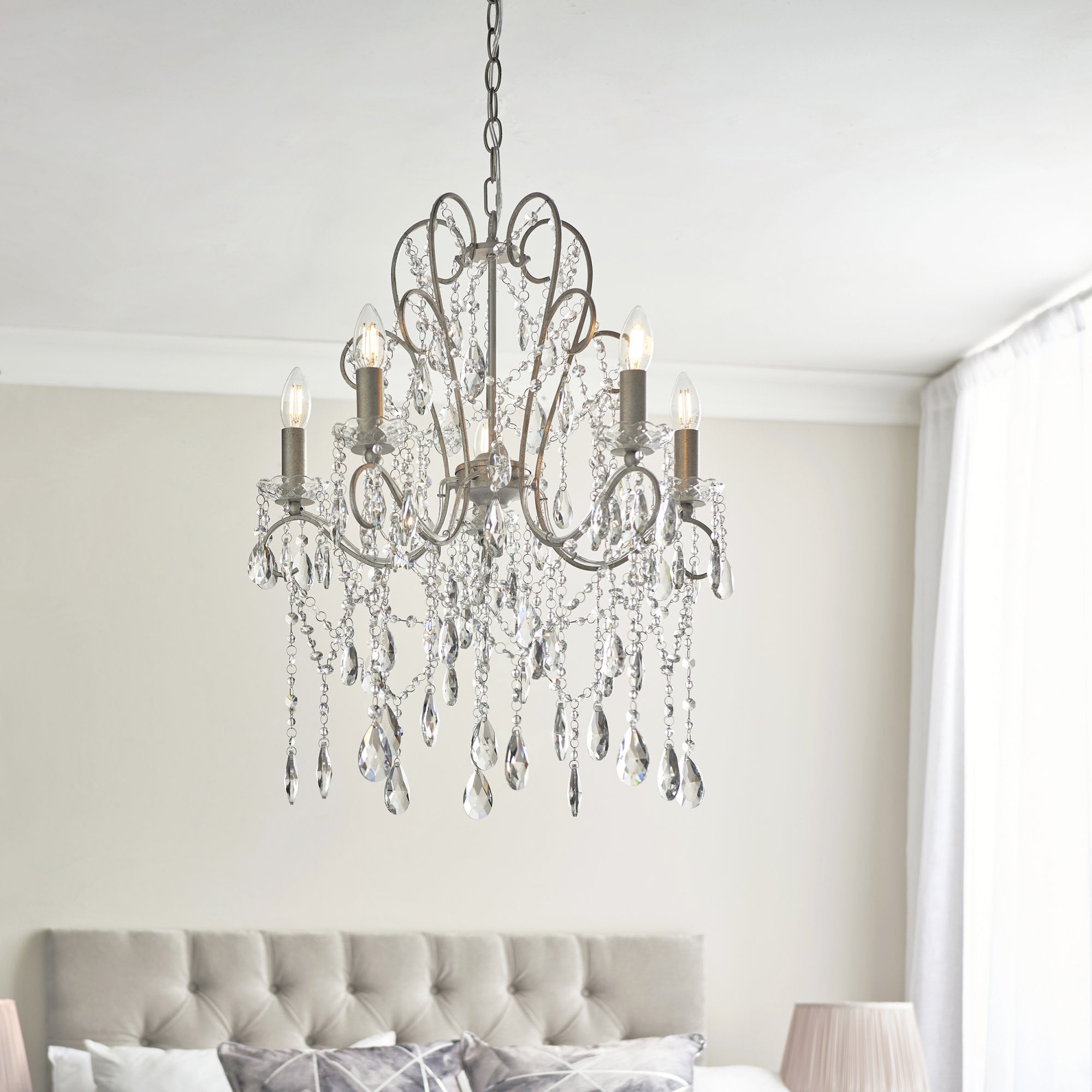 Endon Berkley 5 Light Chandelier - Aged Silver & Crystal Glass